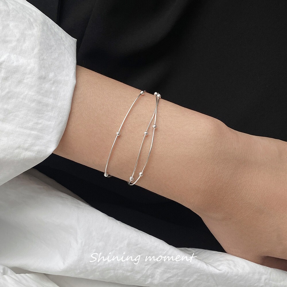 Woman REAL S925 Sterling Silver 3 Layers Beaded Snake Chain Bracelet Bangle