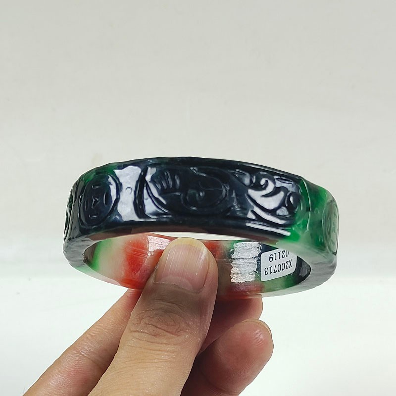 61mm Real Natural Ice Multicolor Burmese Jade jadeite Carving Bracelet Bangle