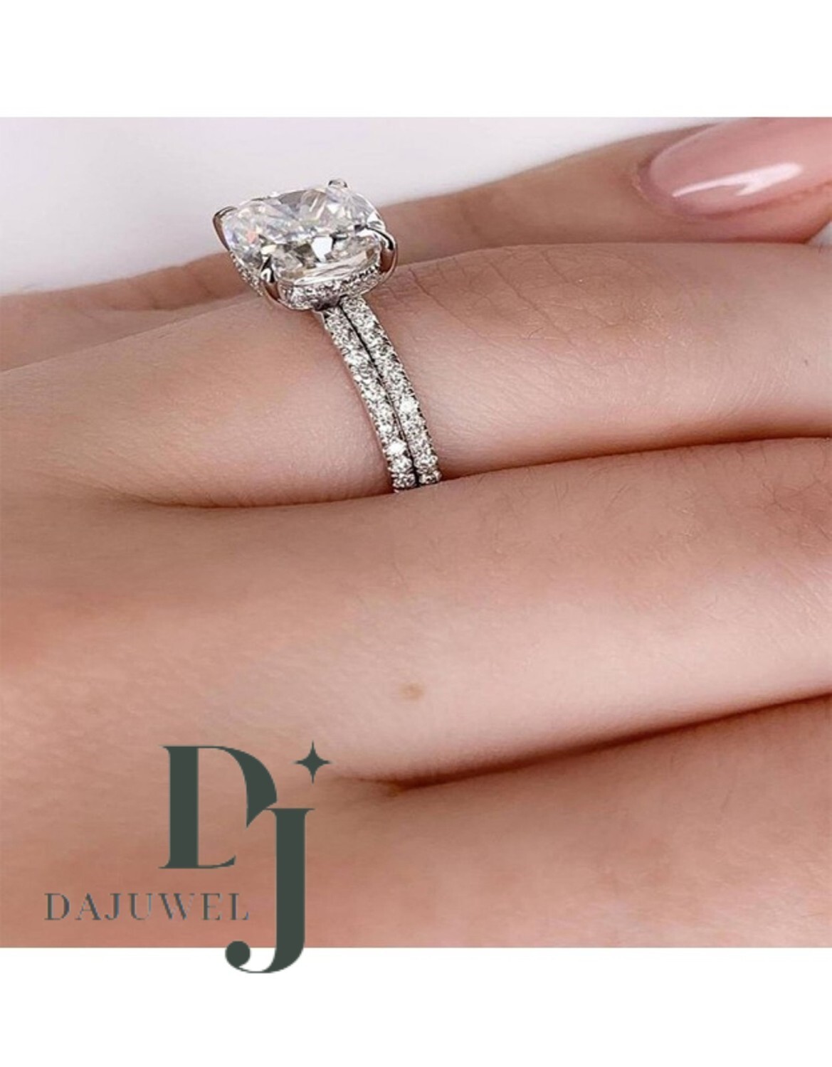 Moissanite Bridal Set Engagement Ring 2.50 CT Cushion Cut Solid 14K White Gold