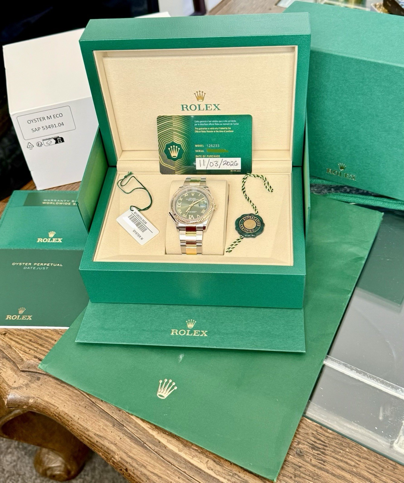 NEW 2026 FRESH 36mm Datejust 126233 Gold/Steel Green Diamond Roman Complete Set