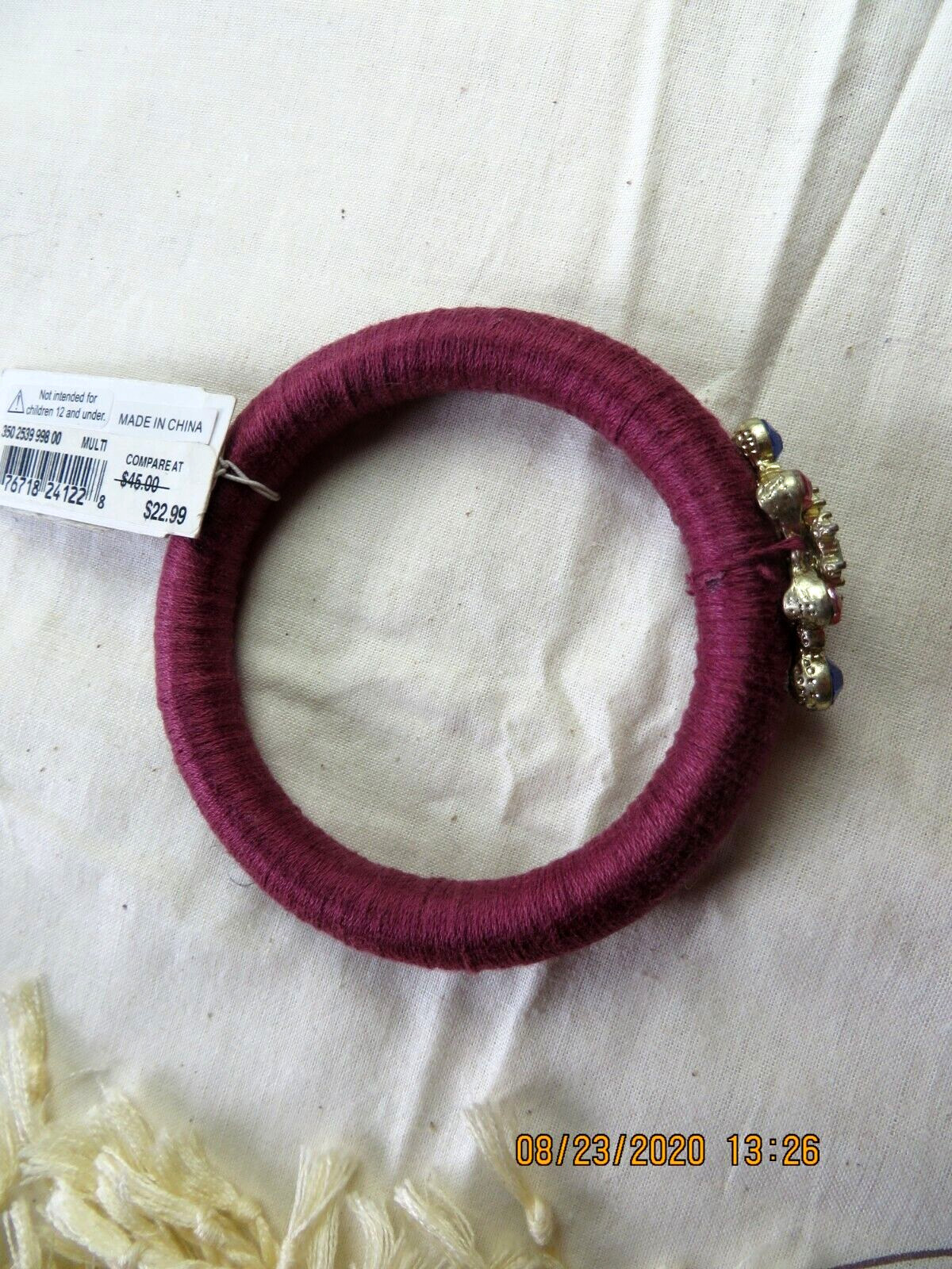 MACYS Fashion Silk Thread Wrapped Bangle Bracelet Crimson-Rose Red Beaded Center