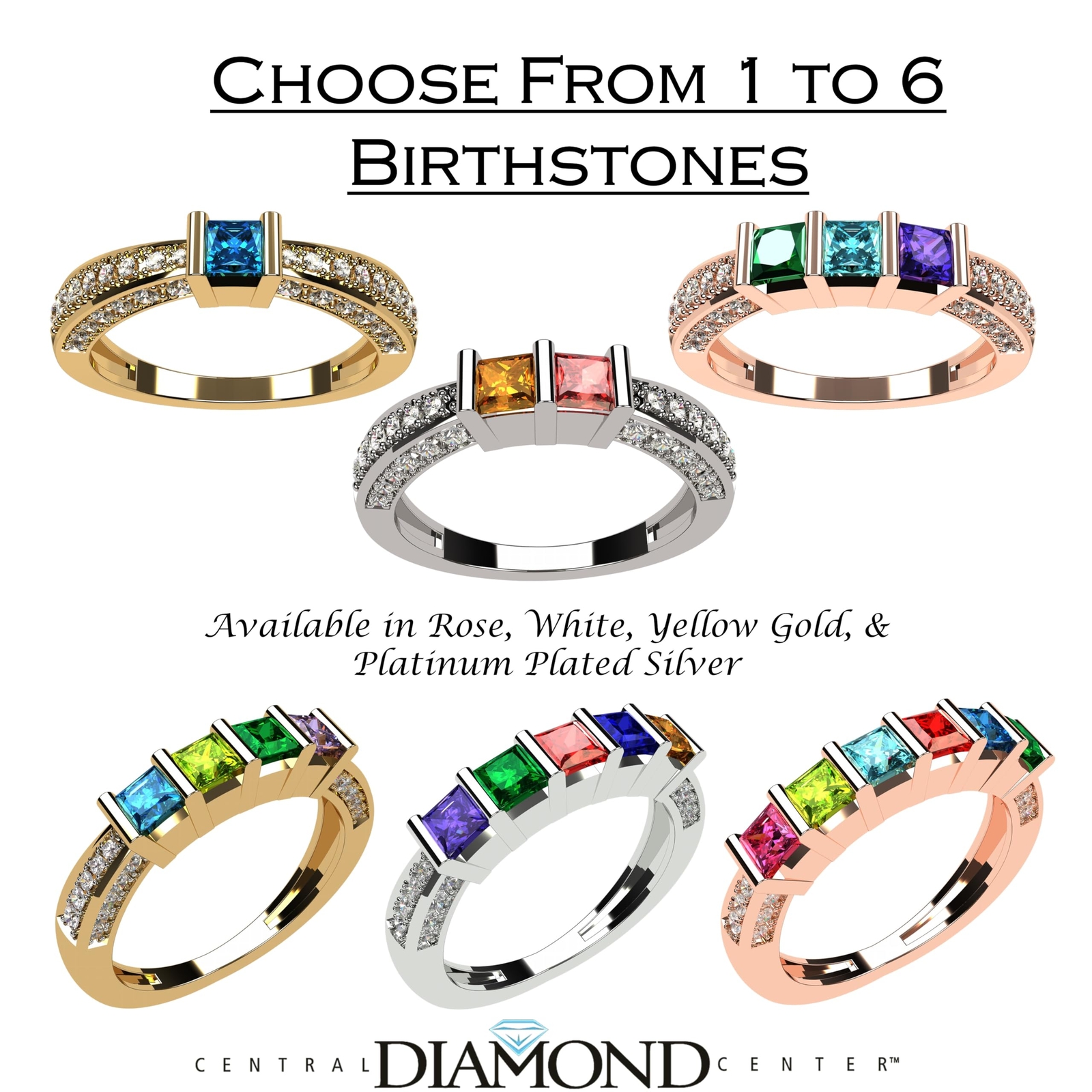 NANA Princess Cut w/CZs 3 Sides Mothers Ring 1-6 Silver/10k Simulated Birthstone