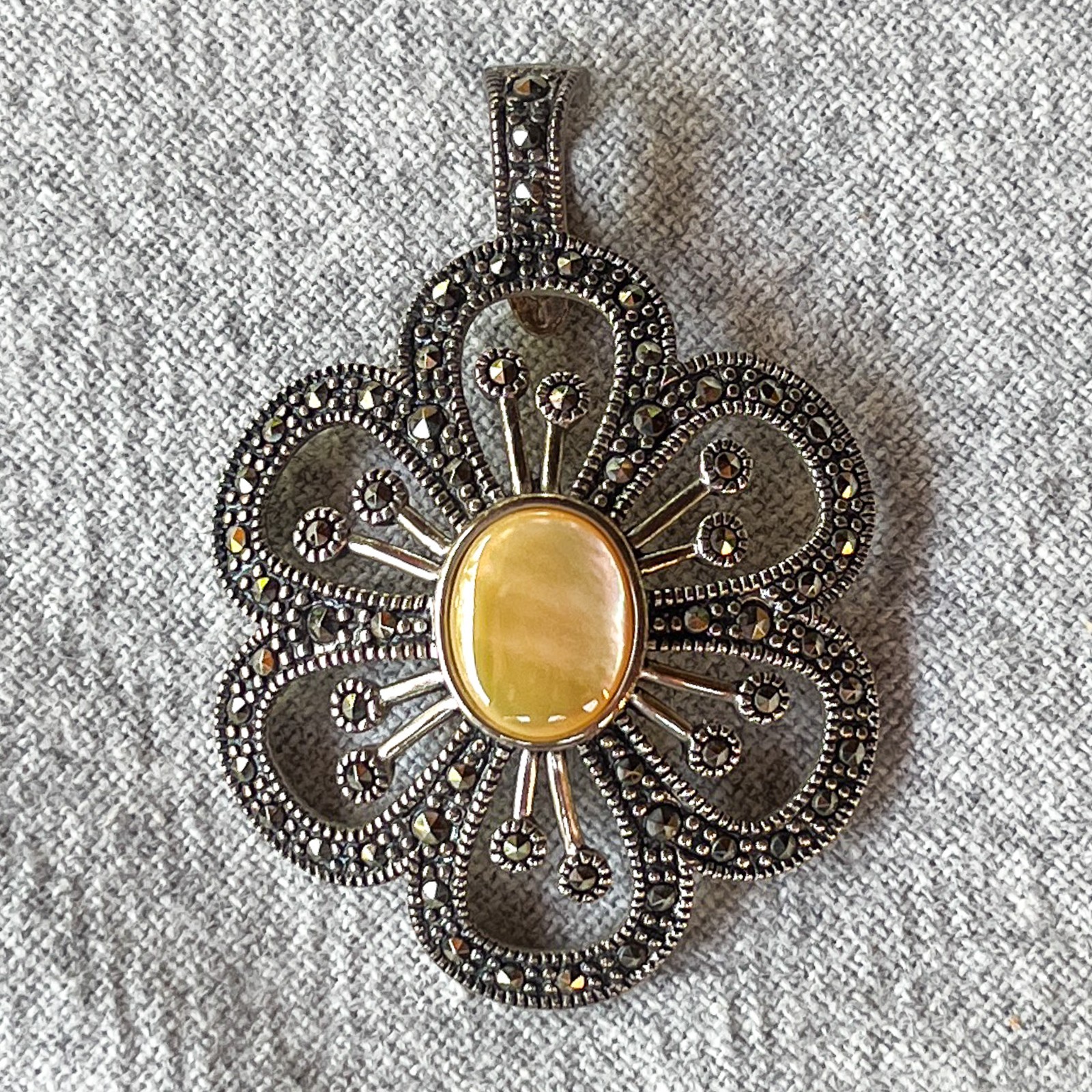 925 Sterling Silver Marcasite Oval Cabochon Flower Pendant Art Nouveau 2 inches
