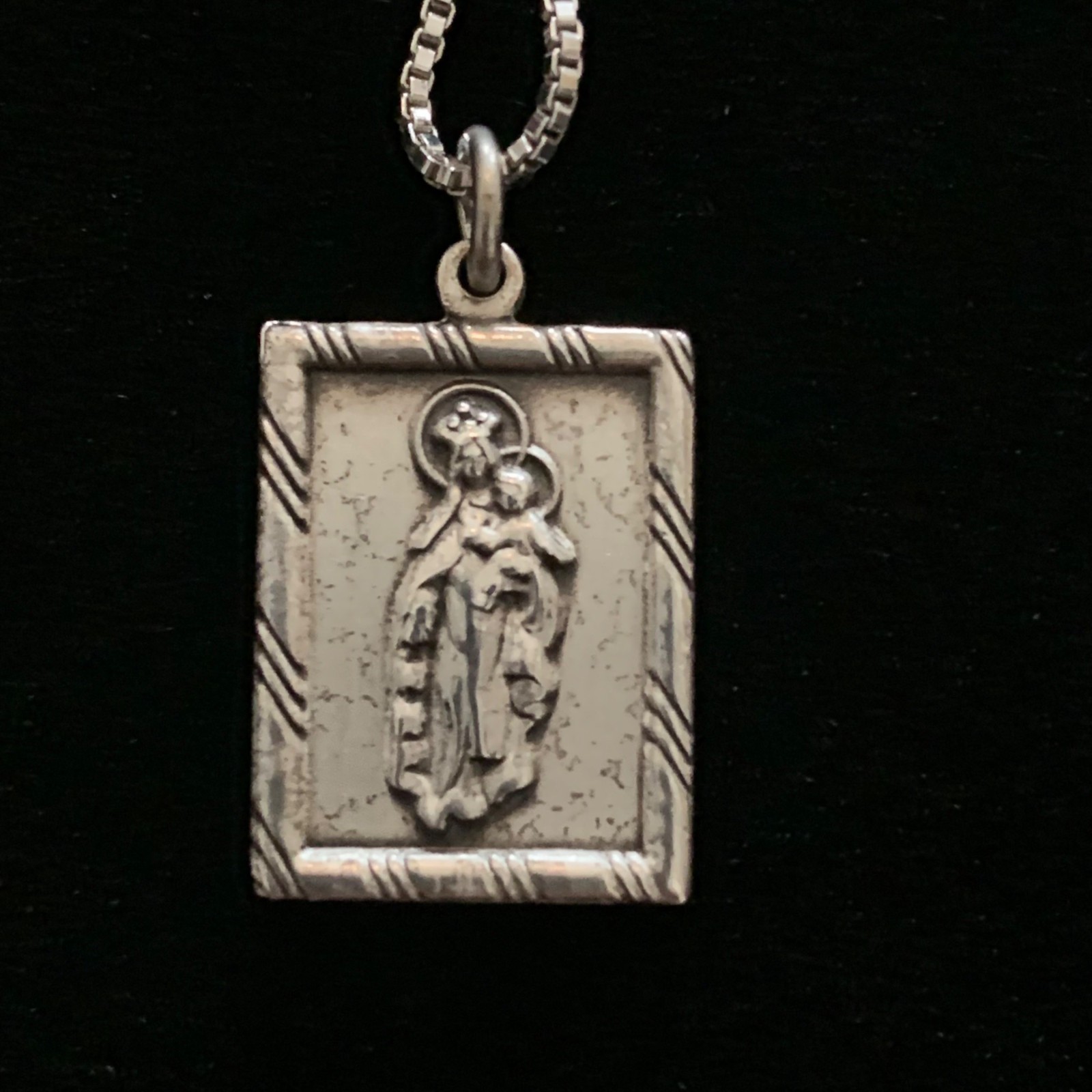 Vintage Sterling Silver Medal Pendant Necklace Sacred Heart Jesus Mary Pillar 6