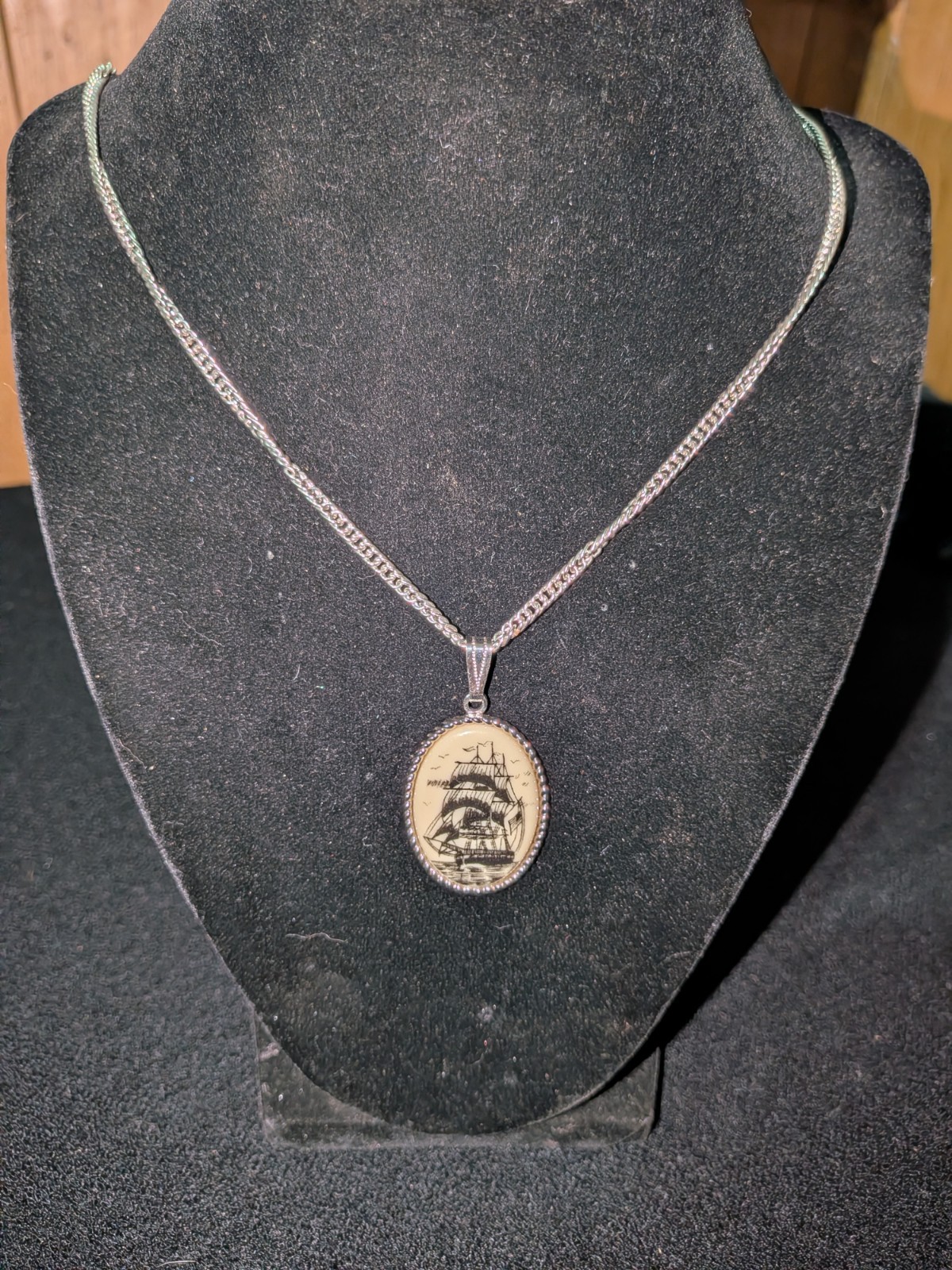 Silver Tone Nautical Ship Oval Bezel Pendant Necklace Box Chain Beige Accent