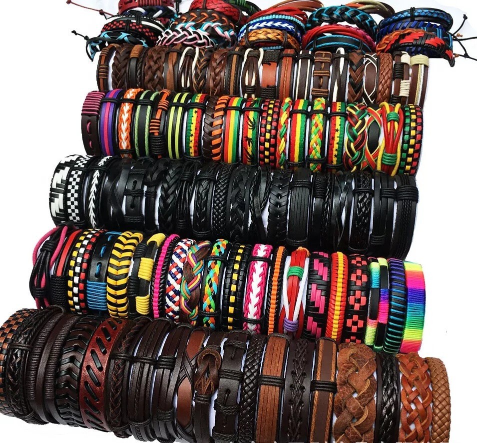 30pcs Bulk Vintage Leather Cuff Bracelets Mixed Style Colorful Jewelry Wholesale