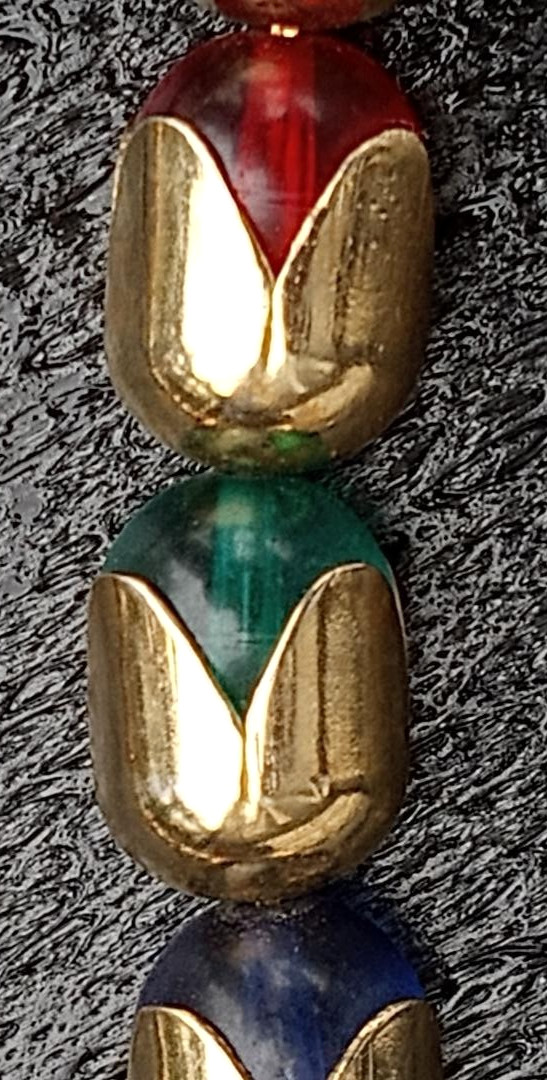 Vintage Gold Tone Red Blue Green Glass Bead Necklace 19″ Modernist Statement