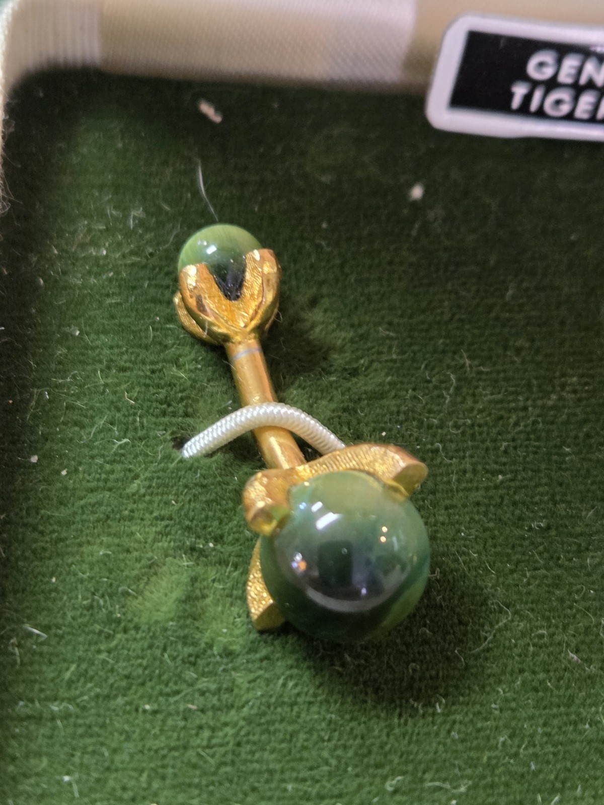 Rare Vintage Johnny Carson Gold Tone Green Tiger Eye Stone Cufflinks W/Box NOS