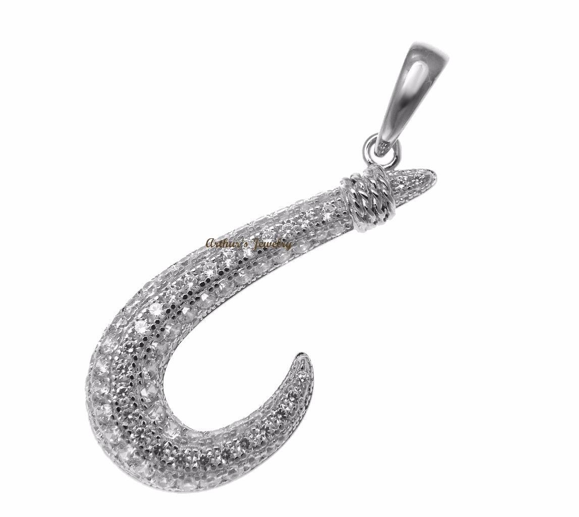 RHODIUM PLATED 925 STERLING SILVER HAWAIIAN FISH HOOK PENDANT CZ 15.30MM