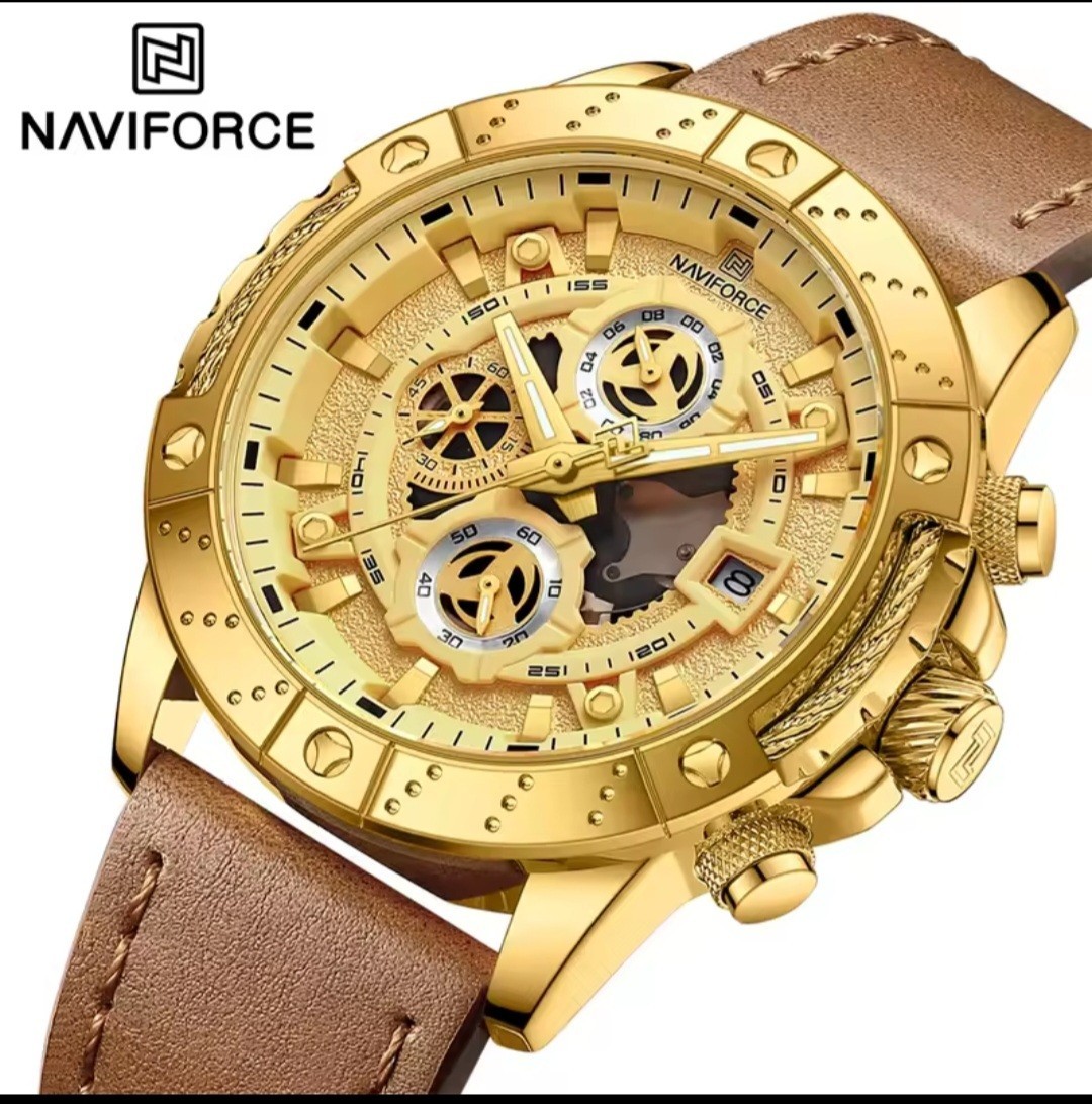 NAVIFORCE Mens Quartz Luxury Business Watch Chronograph Leather Strap Waterproof