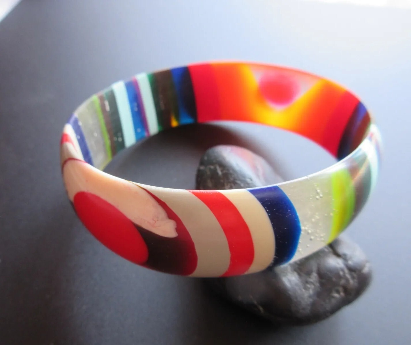 Mid century Multi color Striped Early Lucite Acrylic Bangle Bracelet 2 7/8″