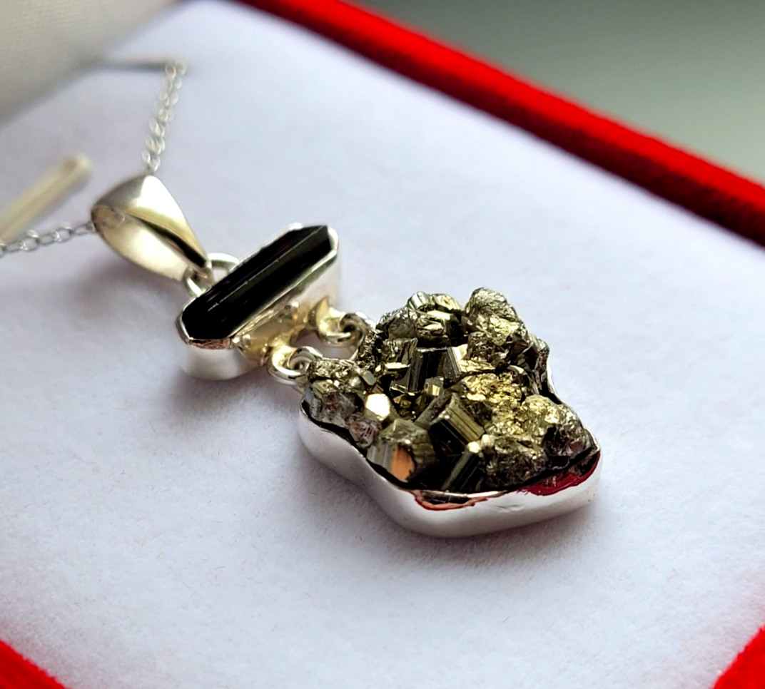 925 Silver Necklaces Pendant Black Tourmaline + Pyrite Druze Gemstone Jewellery