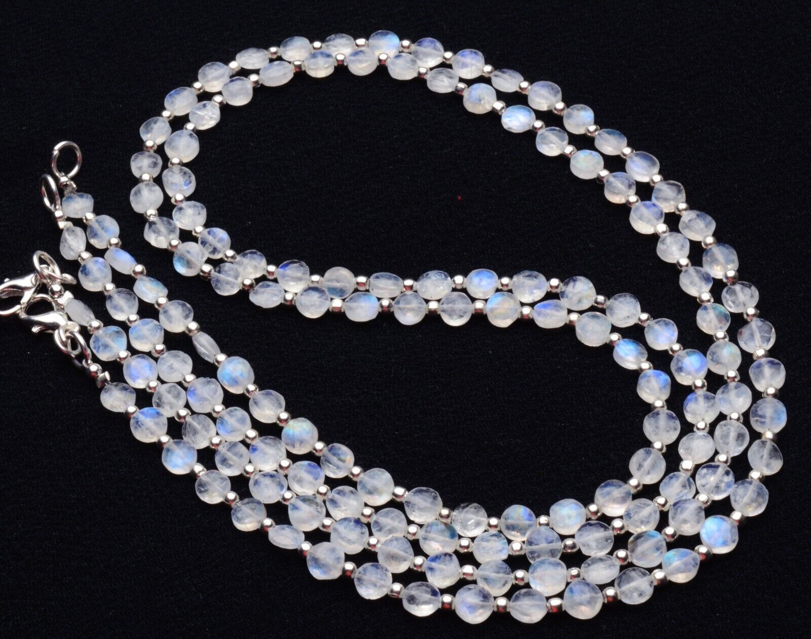 Rainbow Moonstone 20″ Necklace Blue Fire Beads 5 mm Faceted Round Coin