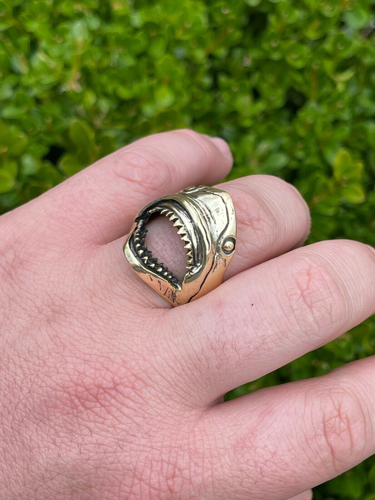Real 14k Gold Plated 925 Sterling Silver Mens Great White Shark Teeth JAWS Ring