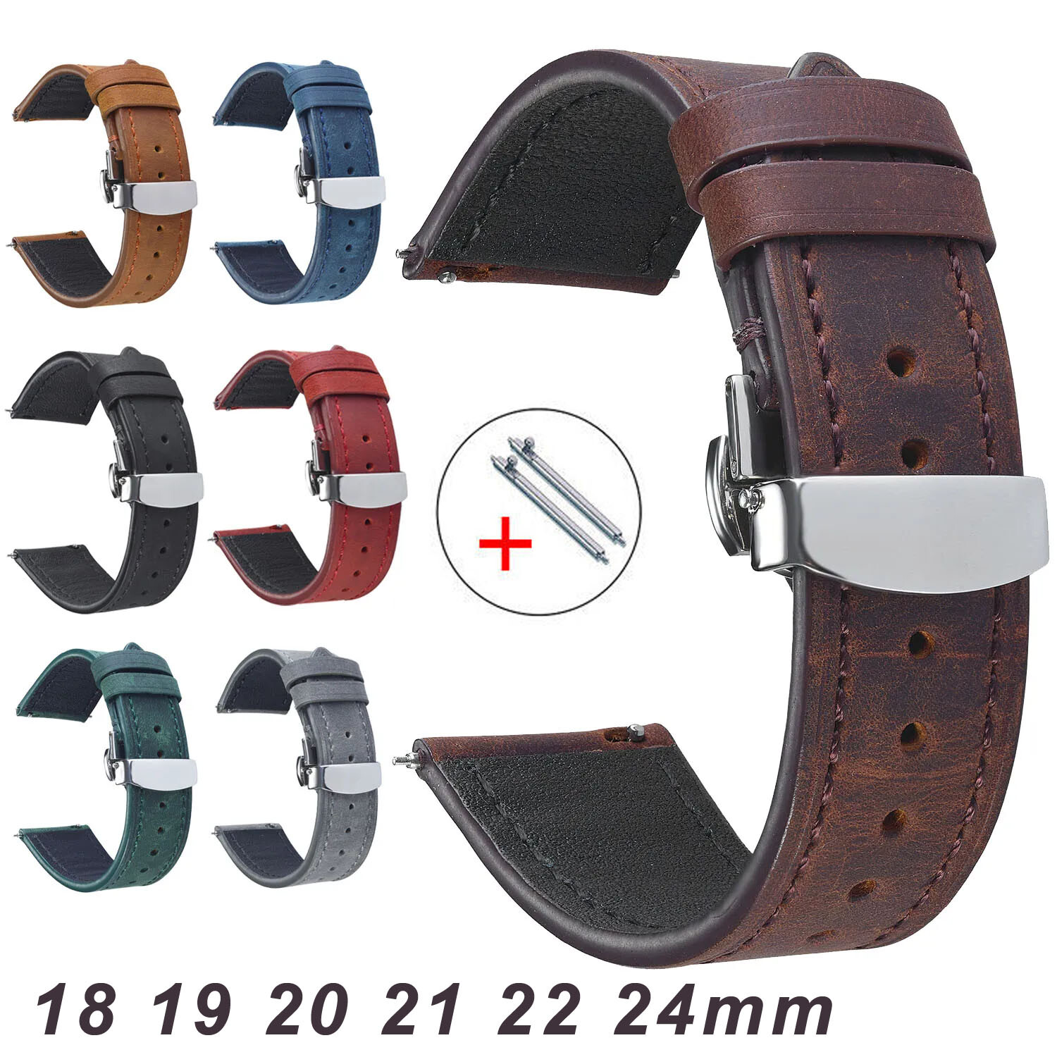 Vintage Cowhide Leather Strap Butterfly Buckle Watch Band 20mm 18 19 21 22 24mm