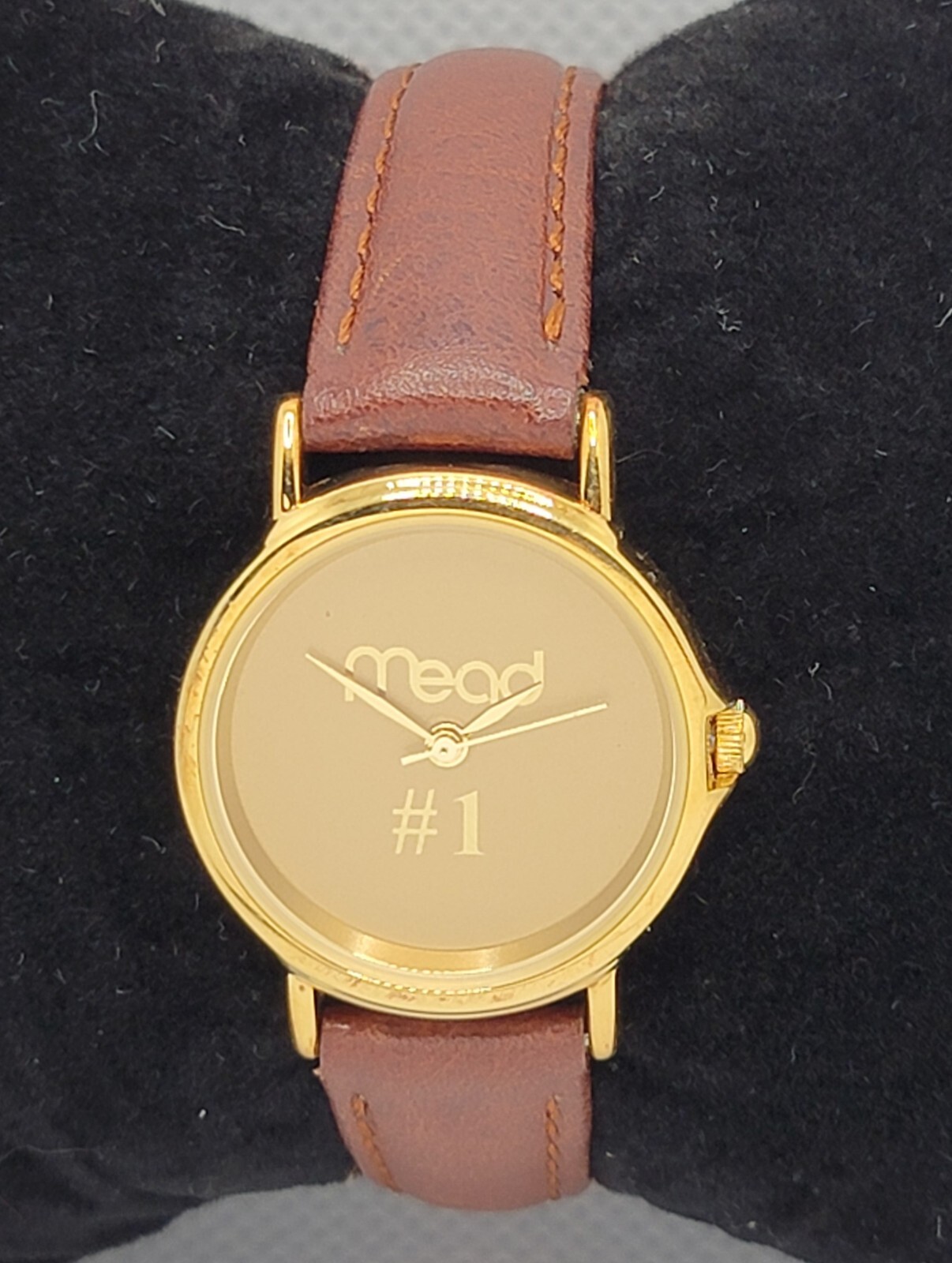 Ladies MEAD #1 Advertising Round Gold Tone Case Dial Brown Leather Watch L5