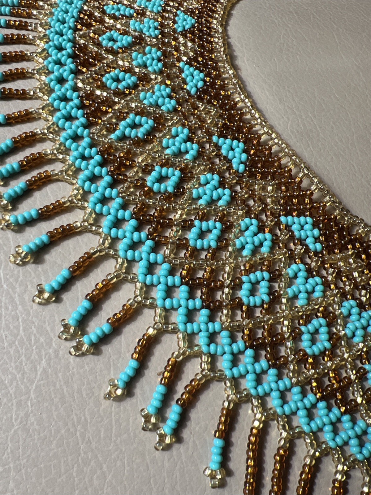Beautiful Handmade Blue /brown/Yellow Seed Beaded Collar 16.5” Necklace