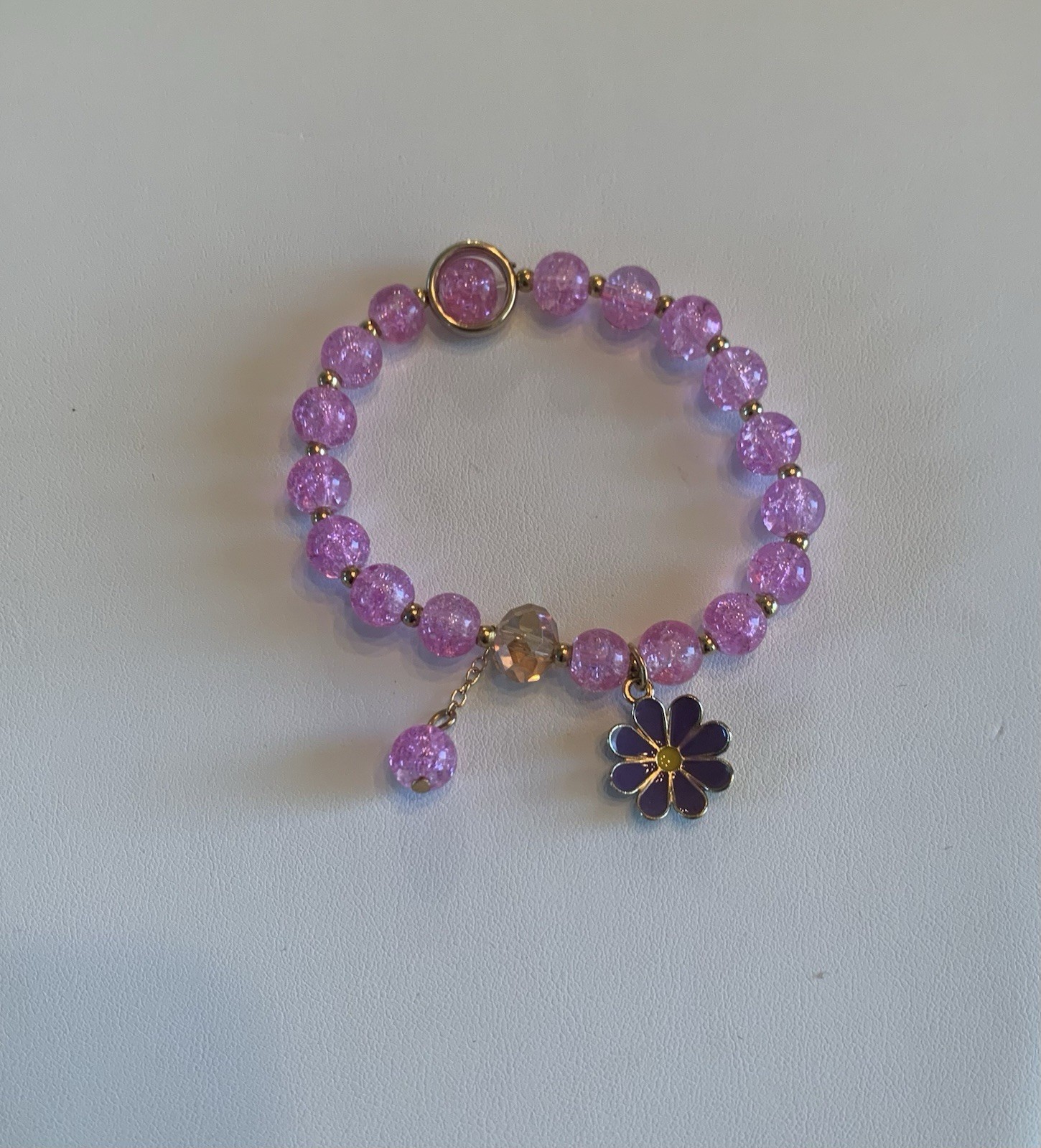 Purple Crystal Round Beaded Stretch Bracelet with Flower Dangle Charm