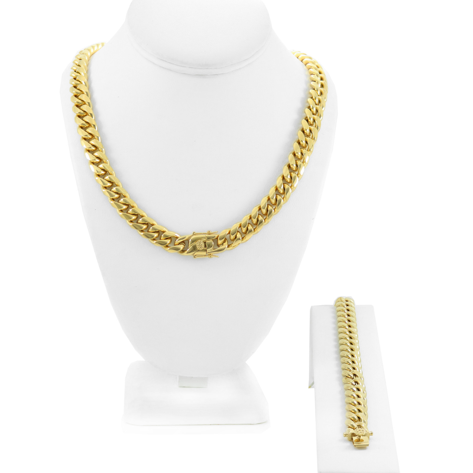 12mm Men’s Miami Cuban Link Bracelet & Chain Set 18k Gold Plated Stainless Steel