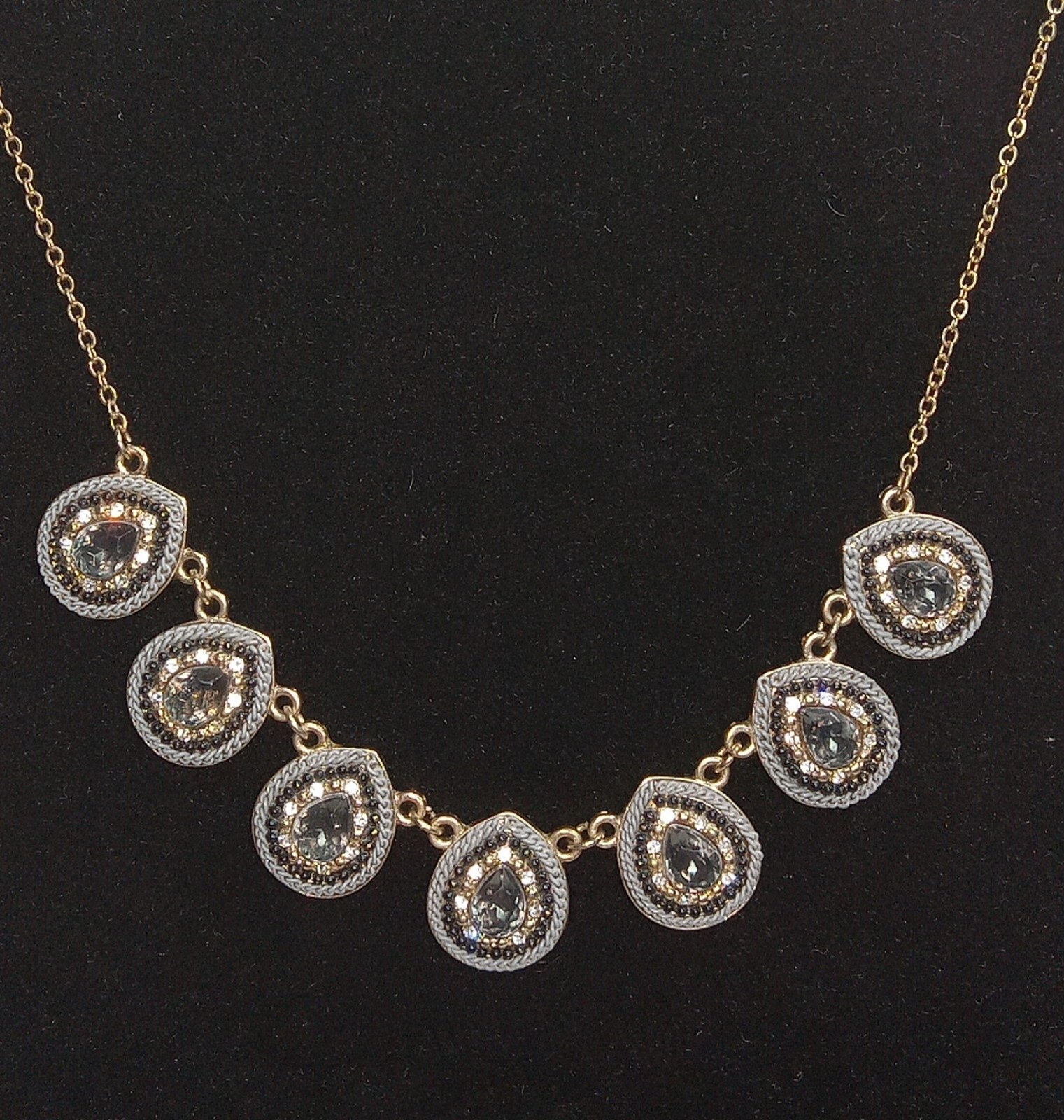 Gold Tone Jewelry Rhinestone Crystal Necklace Black Gray White Teardrops
