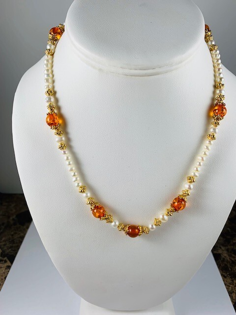 Baltic Amber & Pearl Necklace 17″ plus 2″ Extender & Earrings Set 1/4 ” Long
