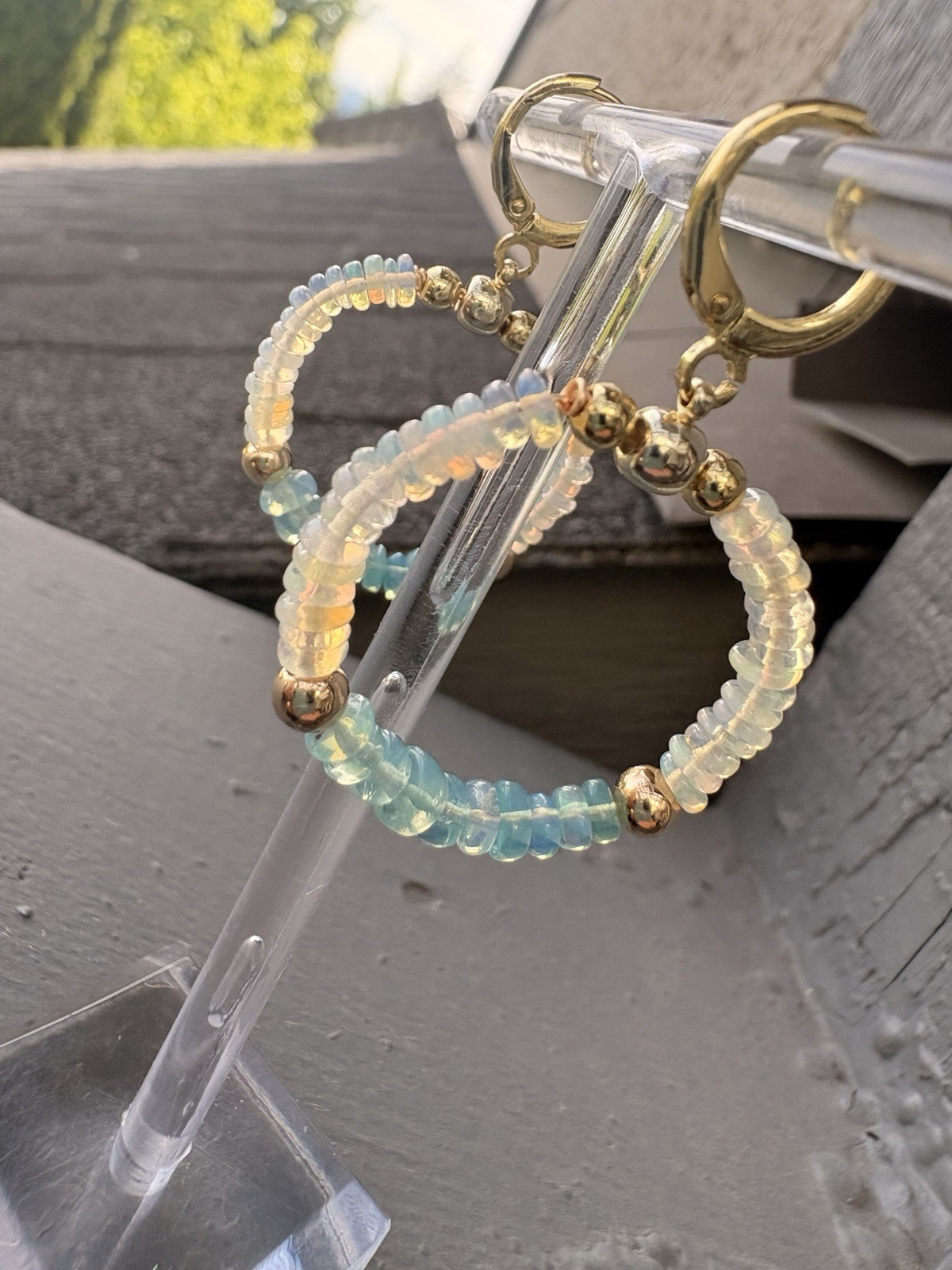 Fire Opal Earring Blue and White hoop earrings Summer jewelry gift for her