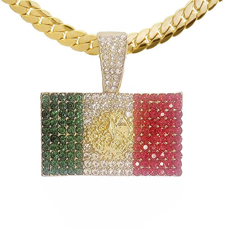 Men’s Gold Silver Tone Iced Mexican Flag 20″ 24″ Miami Cuban Chain Necklace 1024