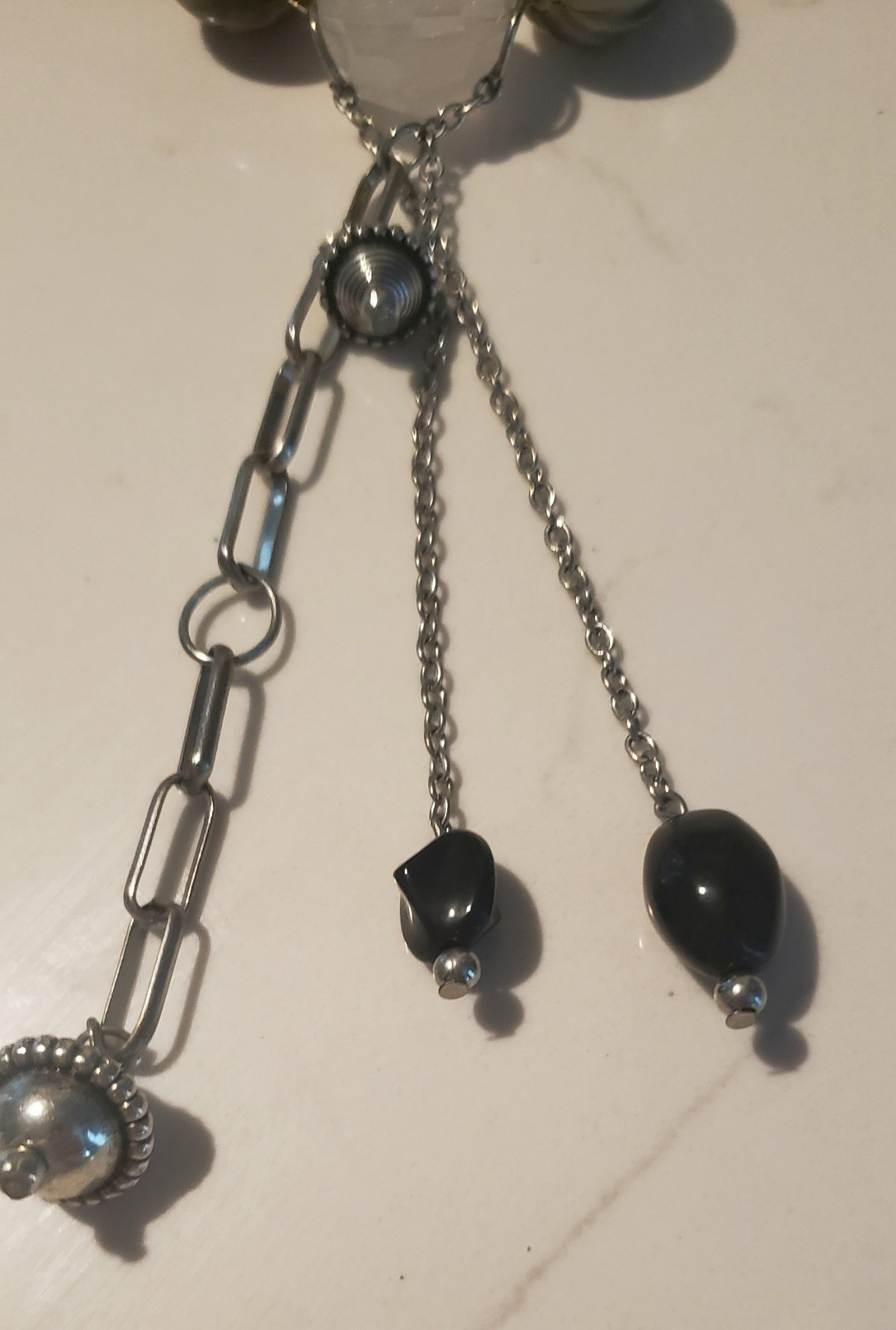 Black & Silver Glass Bead Necklace – 20″ + Drop