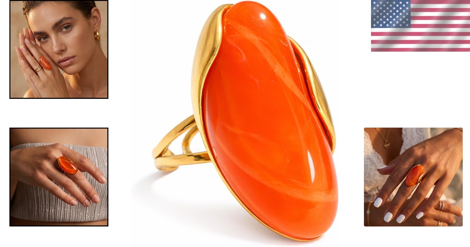 Unique Boho Acrylic Statement Ring – Bright Orange, Adjustable, Lightweight