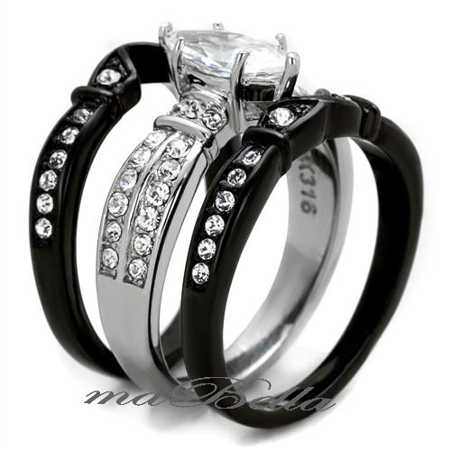 Wedding Engagement Ring Band Set Black Stainless Steel Titanium His & Hers