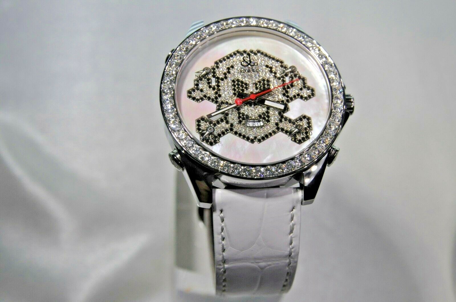 Jacob & Co Five 5 Time Zone 47 MM Diamond Bezel Skull White Dial Watch JC-SKULL7