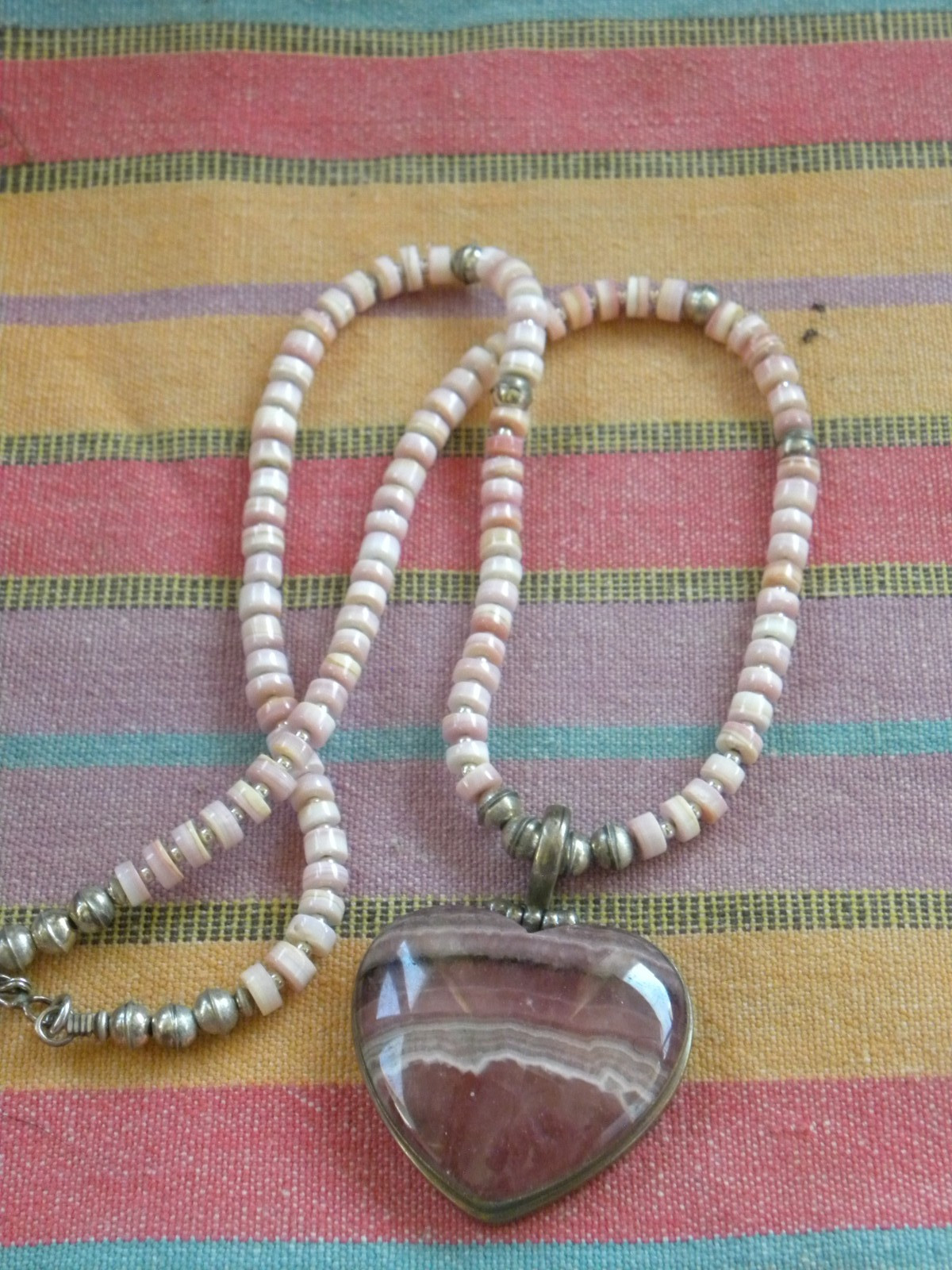 RHODOCHROSITE SIGNED STERLING HEART PENDANT QUEEN CONCH NECKLACE 20″