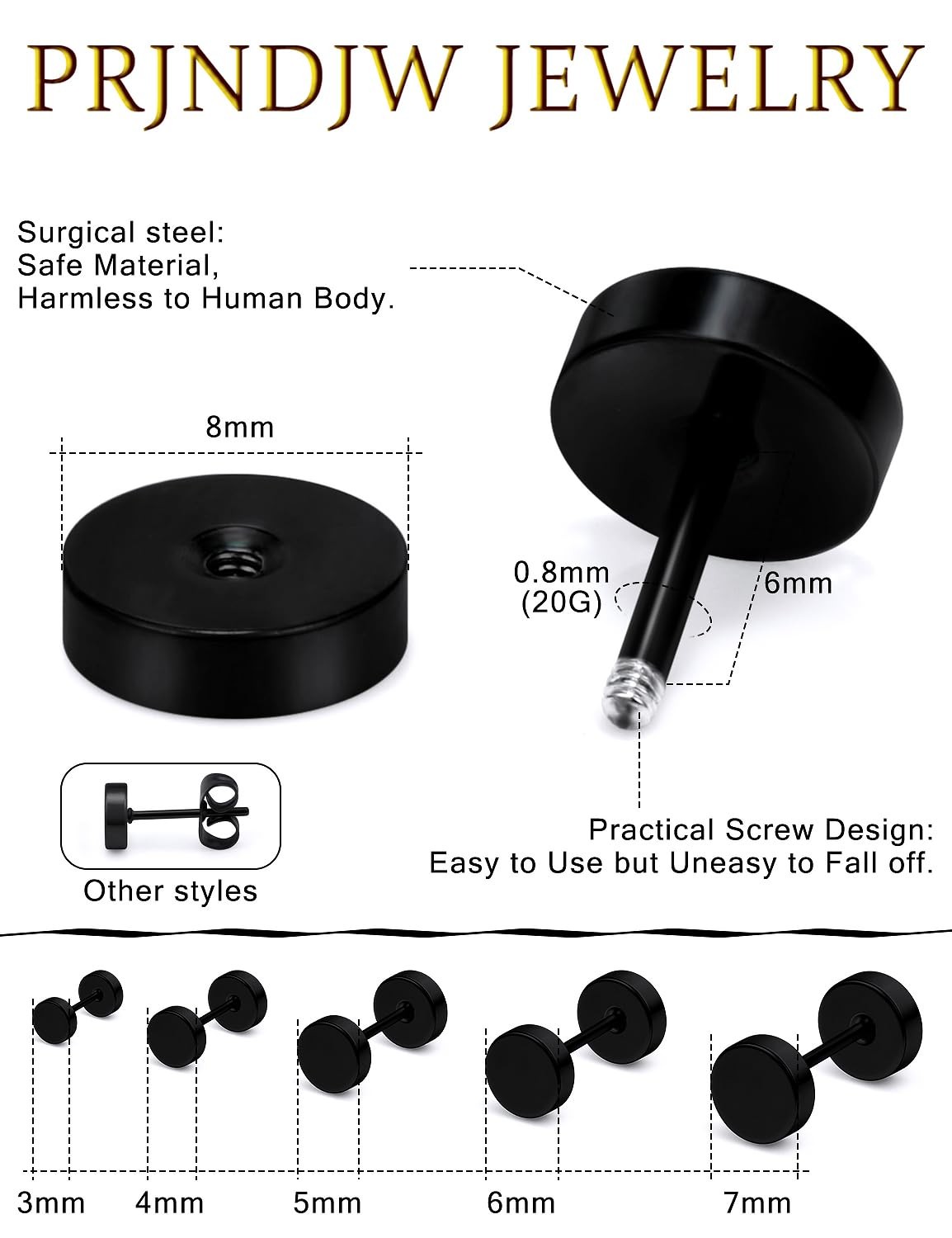 Prjndjw 12 Pairs 20G 18G Surgical Steel 3mm, 4mm, 5mm, 6mm, 7mm, 8mm, Black