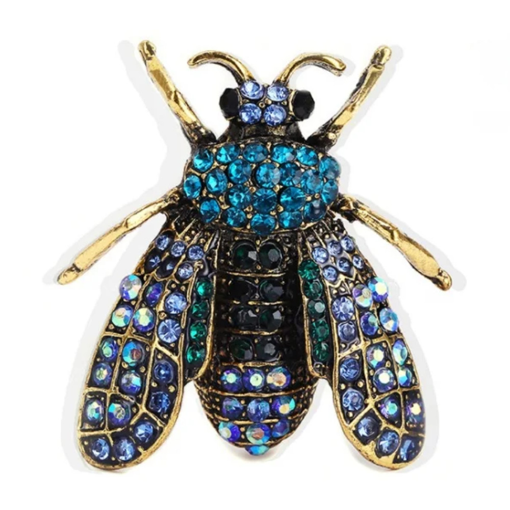 Blue Retro Crystal Bee Brooch Pin – Rhinestone Gold Insect Jewelry Summer Gift