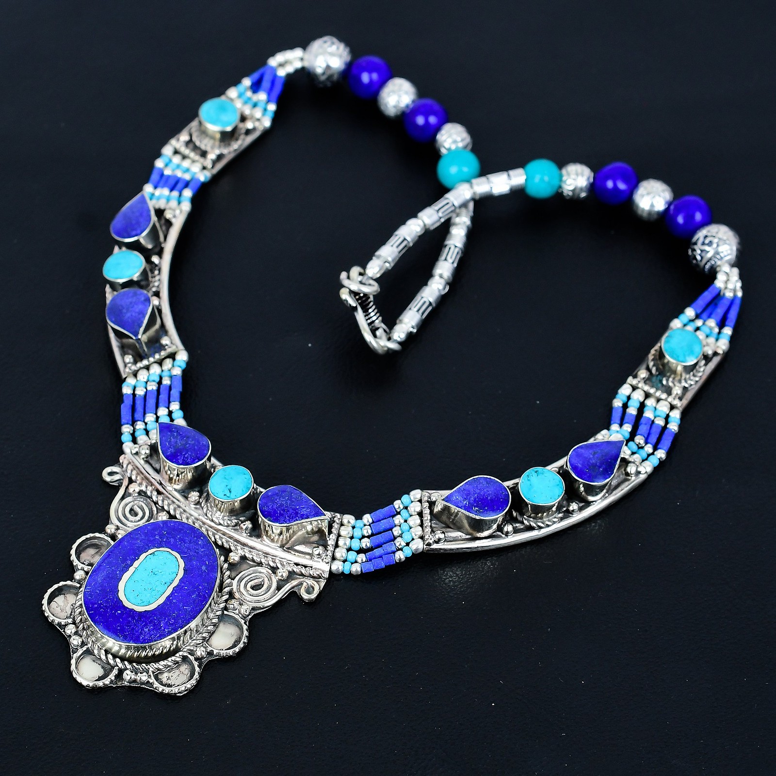Turquoise Lapis Lazuli 925 Sterling Silver Handmade Tibetan Necklace 18″ PG116