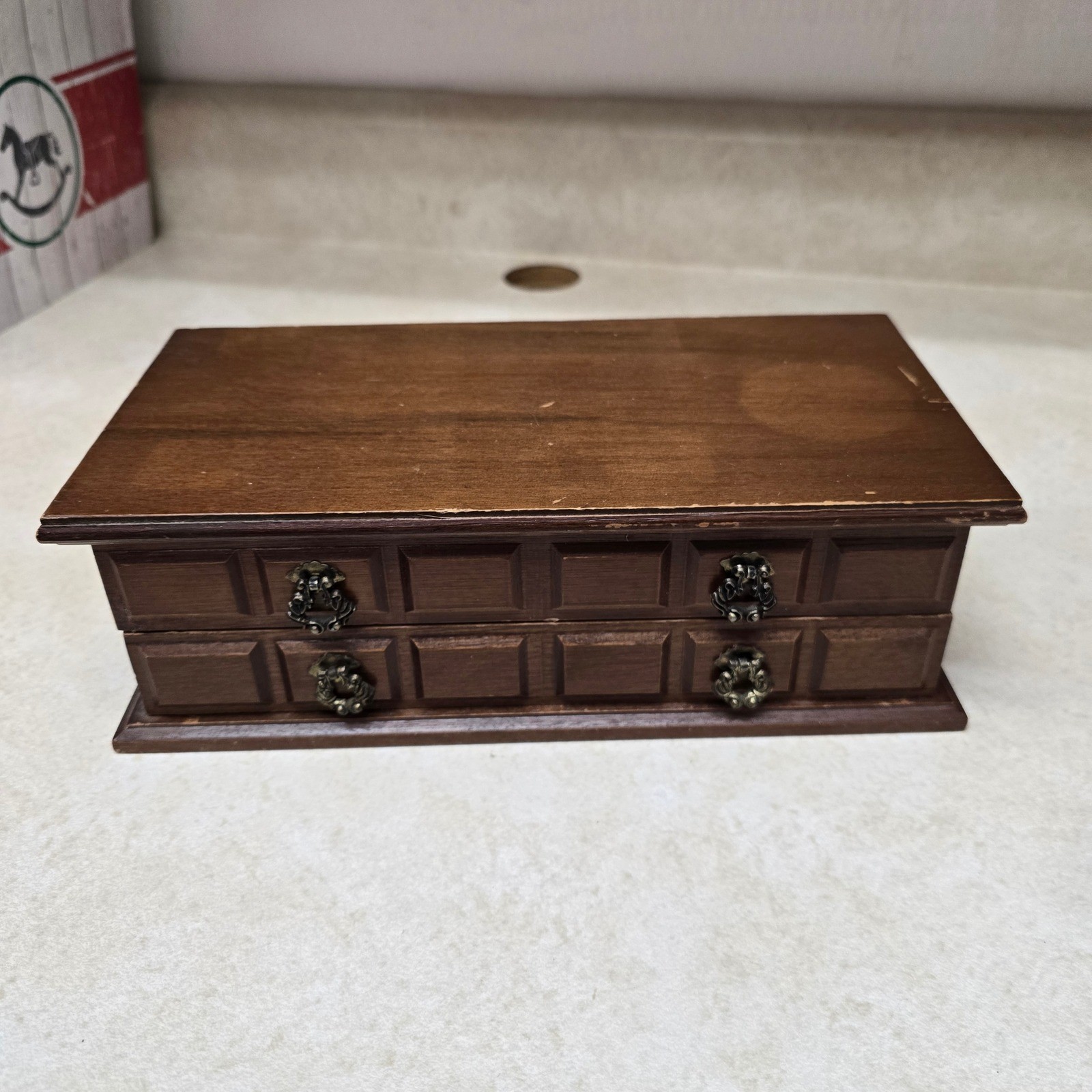 Vintage Wooden Jewelry Box Chest Mustard Yellow Corduroy Lining 2 Tier Organizer