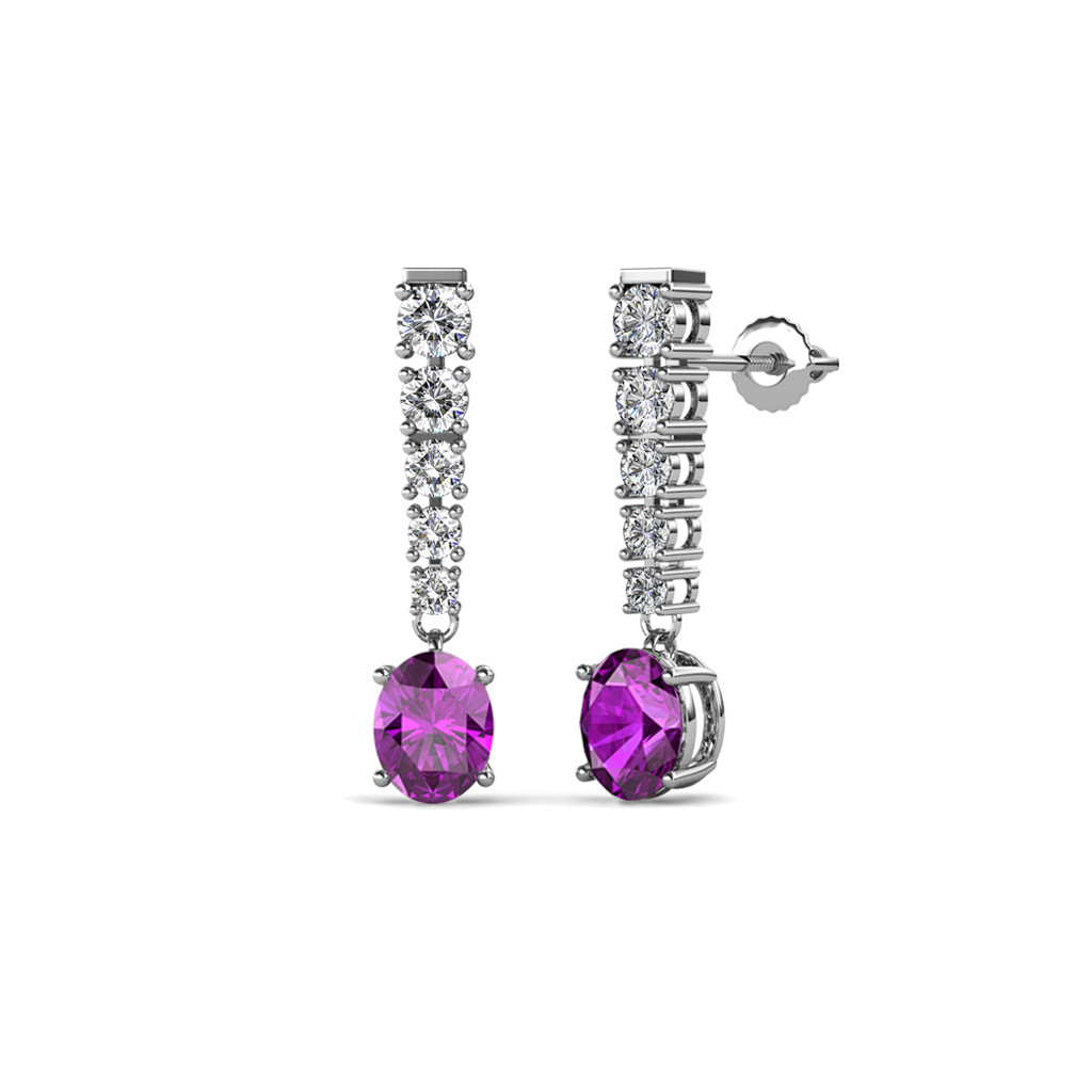 Oval Cut Amethyst & Diamond Drop and Dangle Earrings 1.19 ctw 14K Gold JP:69021