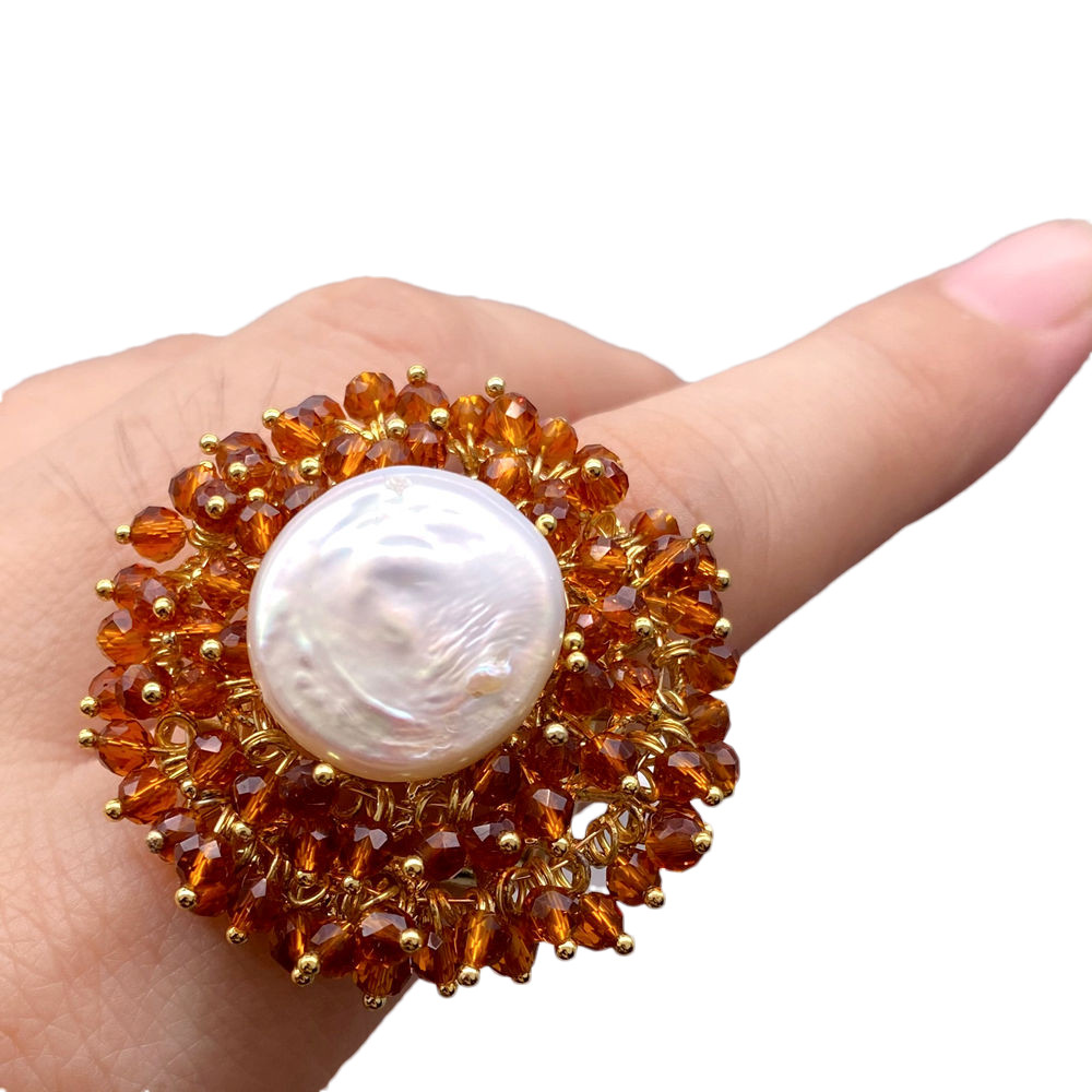 Cultured White Coin Pearl Brown Crystal Gold Plated Party Adjustable Ring