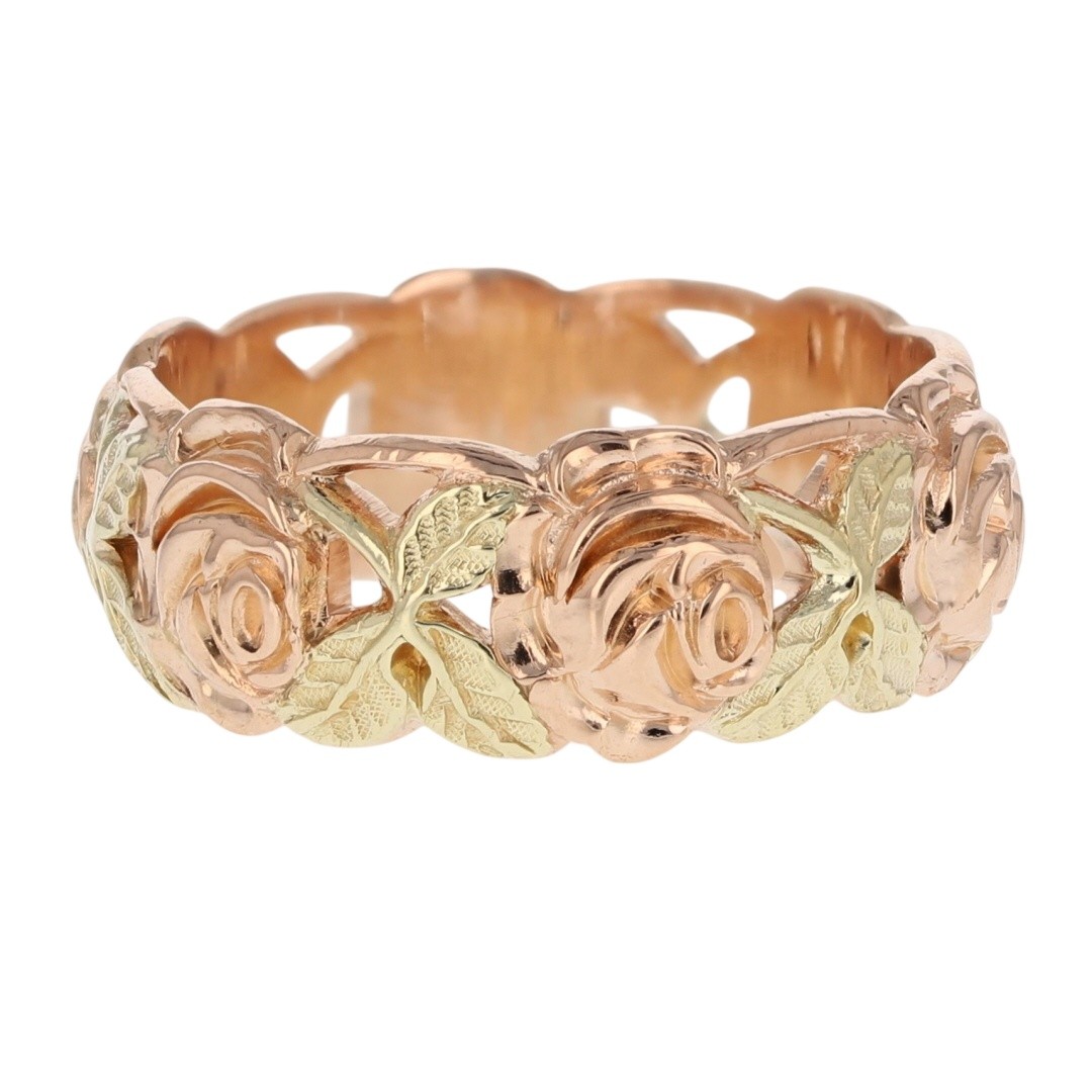 8.7mm Sculpted Rose Flower Vine Band Ring 14k Multi-Tone Gold 9.83g Size 10.5