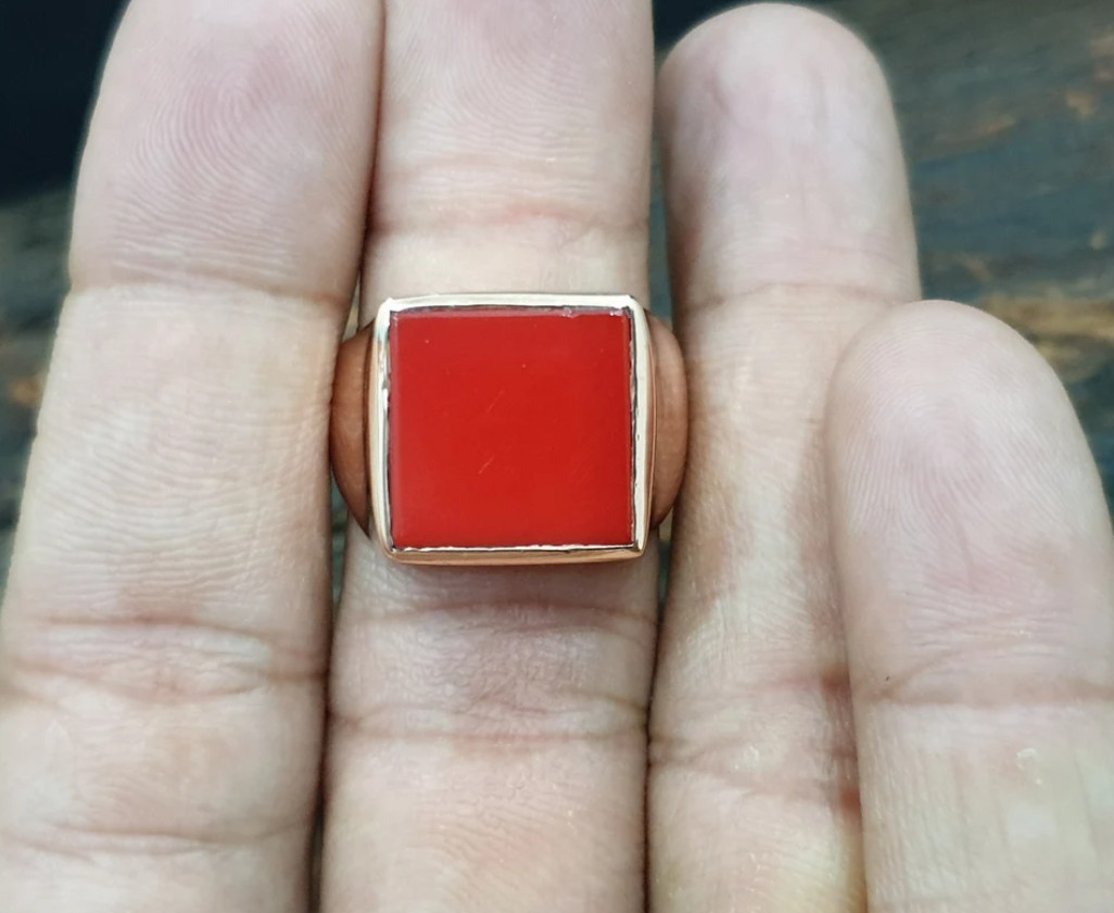 Rose Gold Red Coral Signet Men’s Ring 925 Sterling Silver Coral Jewelry For Boys