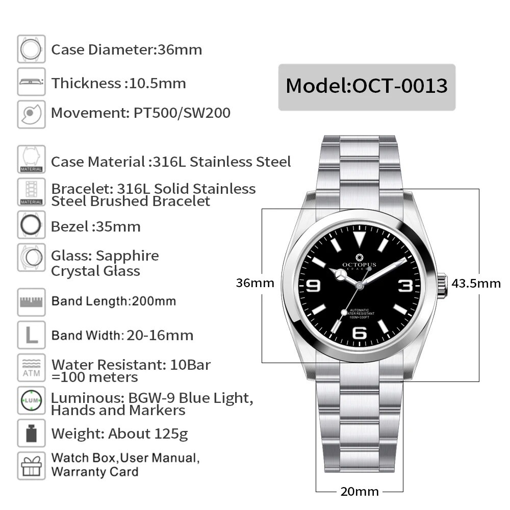 OCTOPUS KRAKEN Adventurer PT5000 SW200 Automatic 100M Watch BGW9 36mm 316L Dress