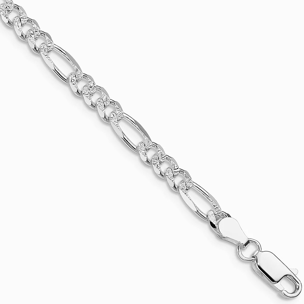 Sterling Silver Rhodium-Plated 4.3mm Pavé Flat Figaro Chain Bracelet 7″-9″