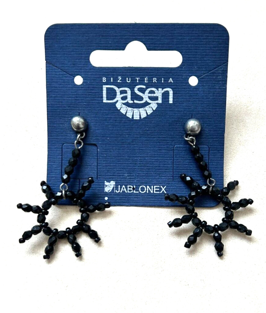 New Vintage Jablonex Czech Glass Seed Bead Starburst Earrings DaSen Carded Black