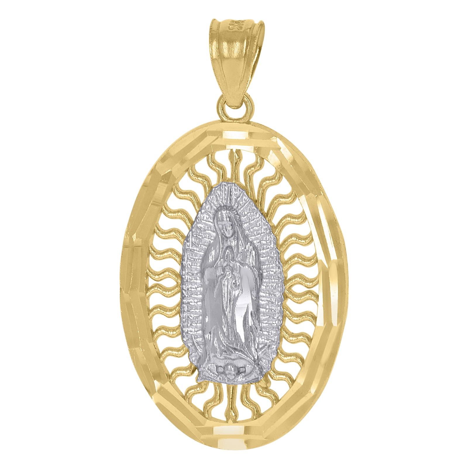 10kt Gold TwoTone DiamondCut Unisex Guadalupe Mary Oval Religious Charm Pendant