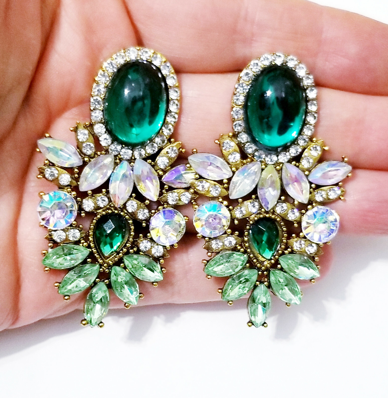 Green Rhinestone Chandelier Earrings Statement Pageant Drag Prom Jewelry 2.3 in