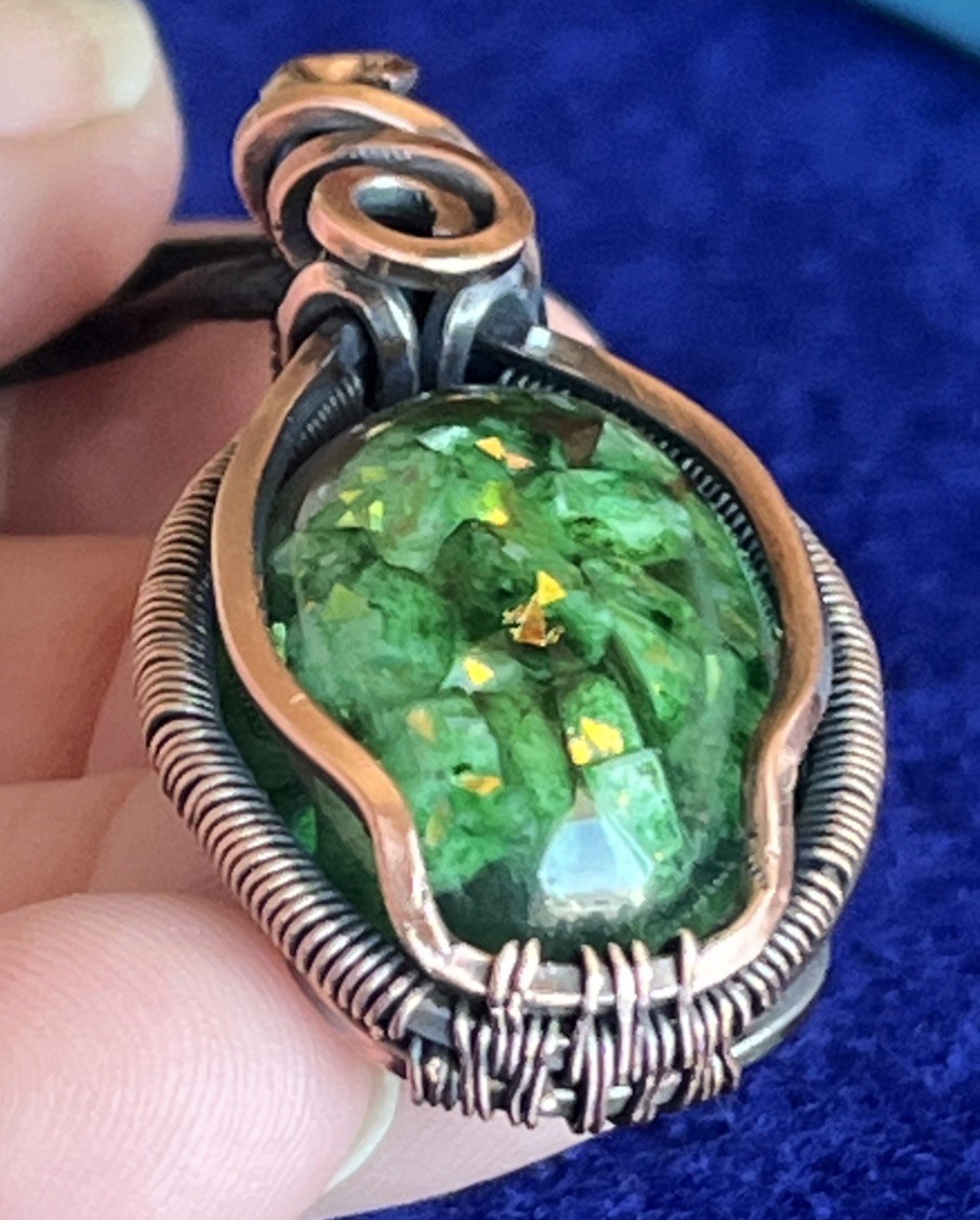 Green Calcite (in resin)~ Handmade copper wire wrapped pendant 5g