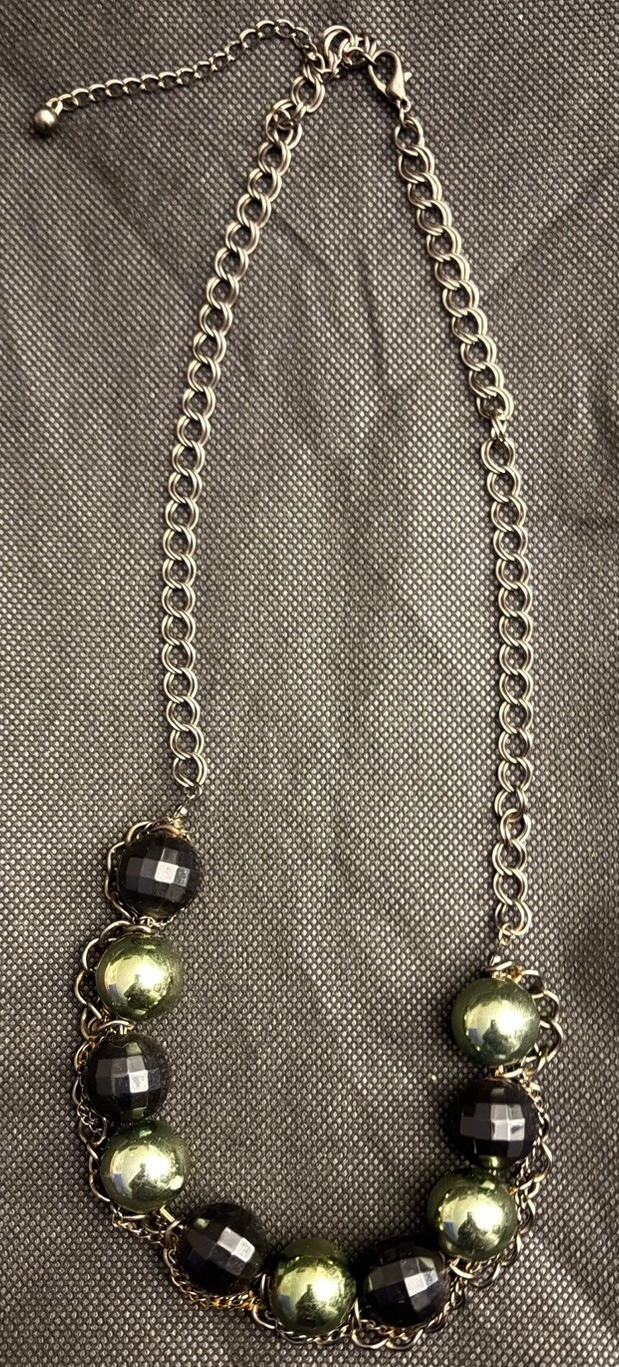 Silver Tone Beaded Necklace, chrome/Black Round Glass Beads, Adjustable Lobster