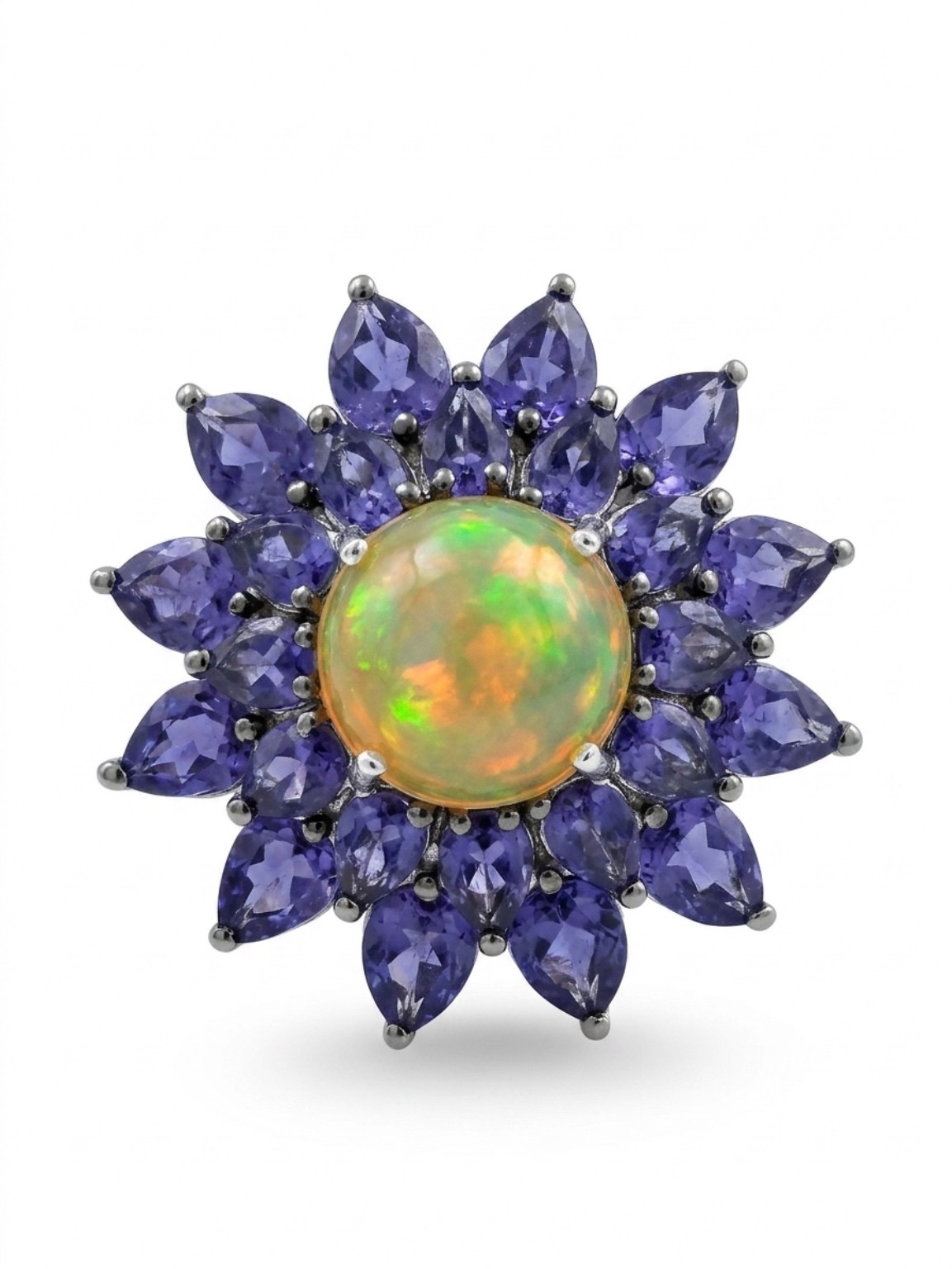 7.71ct Ethiopian Opal With Catalina Iolite Flower Ring Sterling Silver Size 9