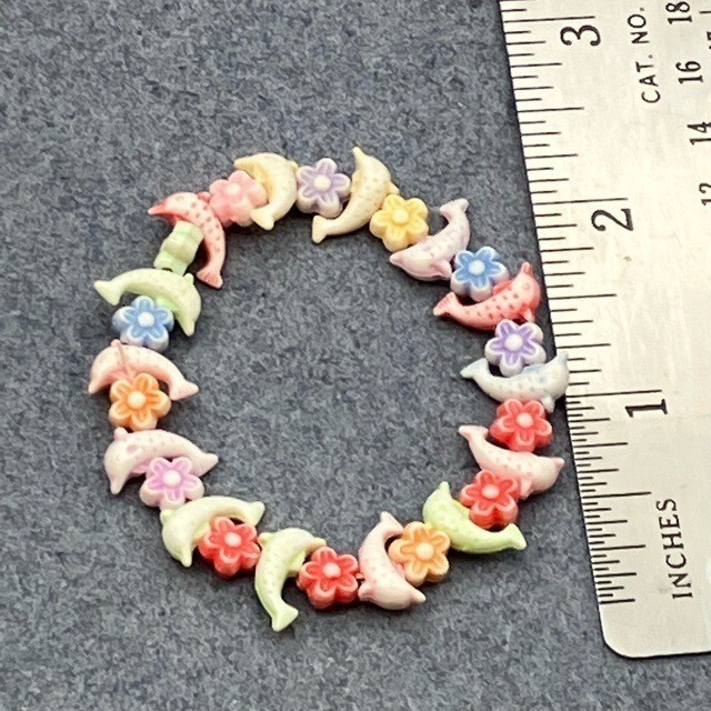 Small Beaded Stretch Bracelet 5.5 In Dolphin Flower Kids Multicolor Pastel Color