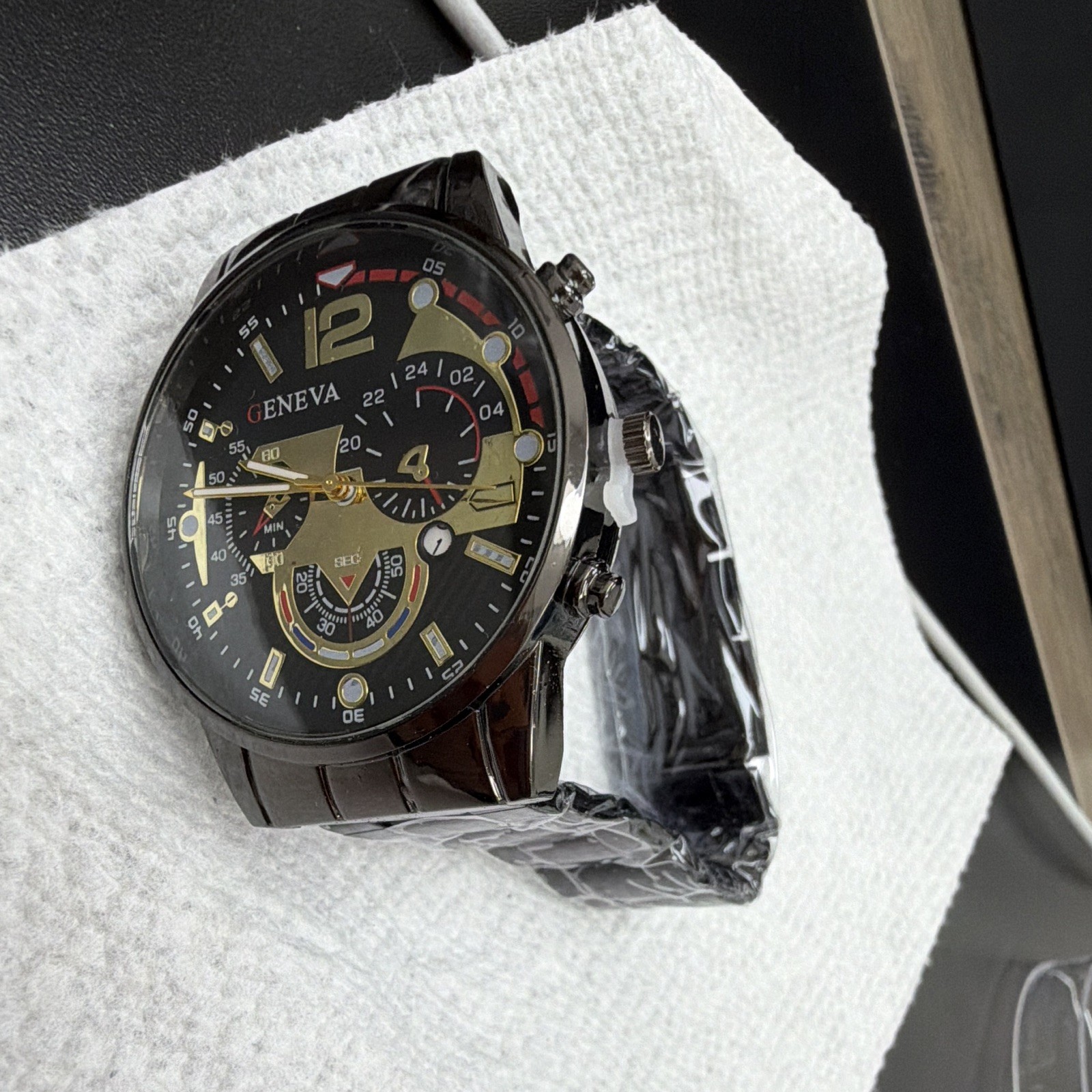 Geneva Men’s Quartz Analog Wristwatch Black Plastic Bracelet Round 40-43.9mm